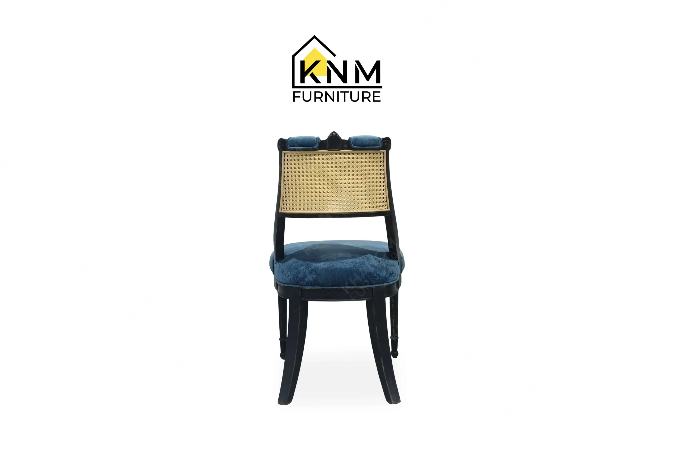 Direct back view of a premium bespoke dining chair showcasing the woven rattan backrest, manufactured by Khanom Furniture (KNM Furniture), a dedicated contract furniture manufacturer.