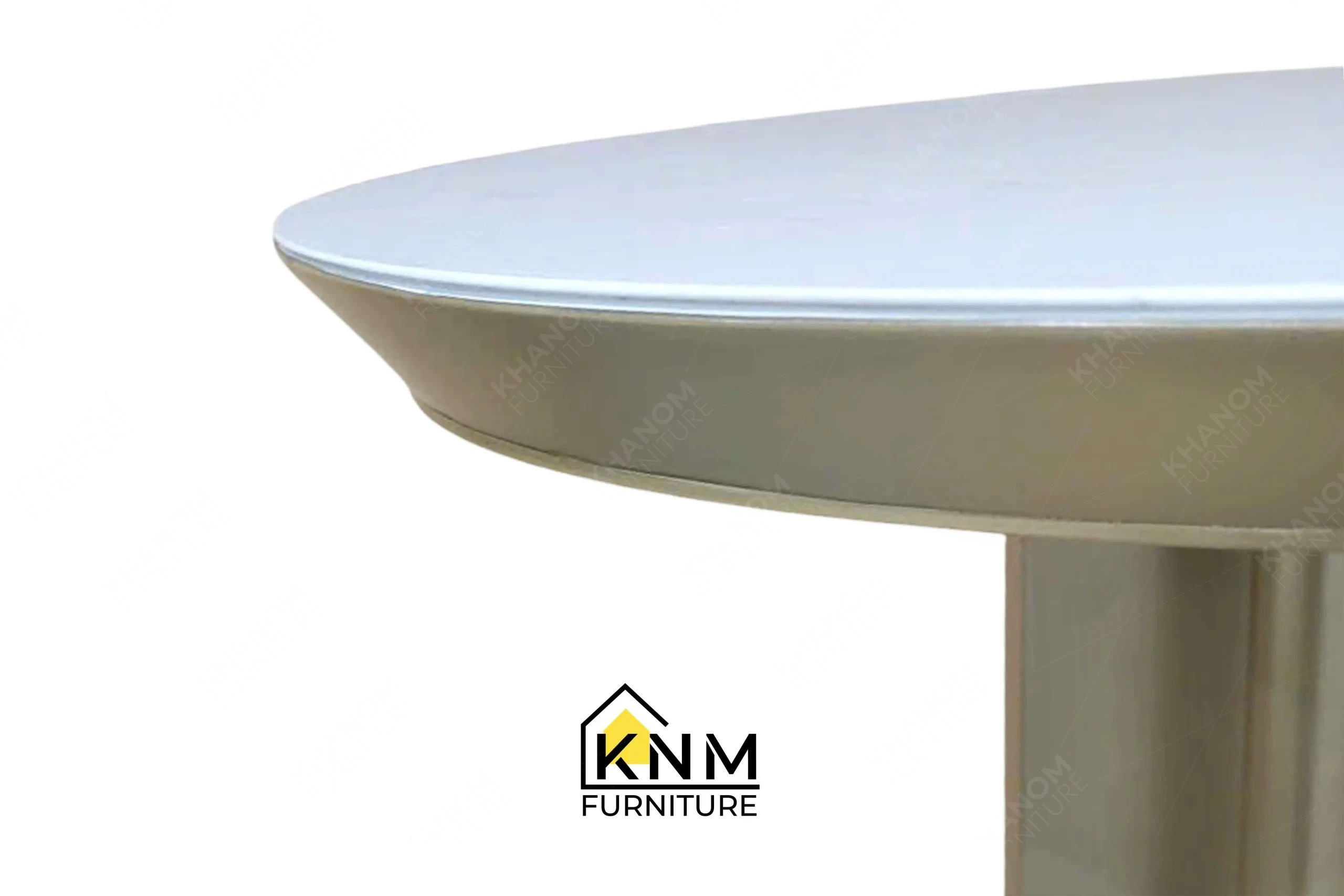 Zoom detail showcasing the premium material integration of a bespoke stone and metal C-table, meticulously manufactured by Khanom Furniture (KNM Furniture), your reliable custom furniture manufacturer Vietnam.