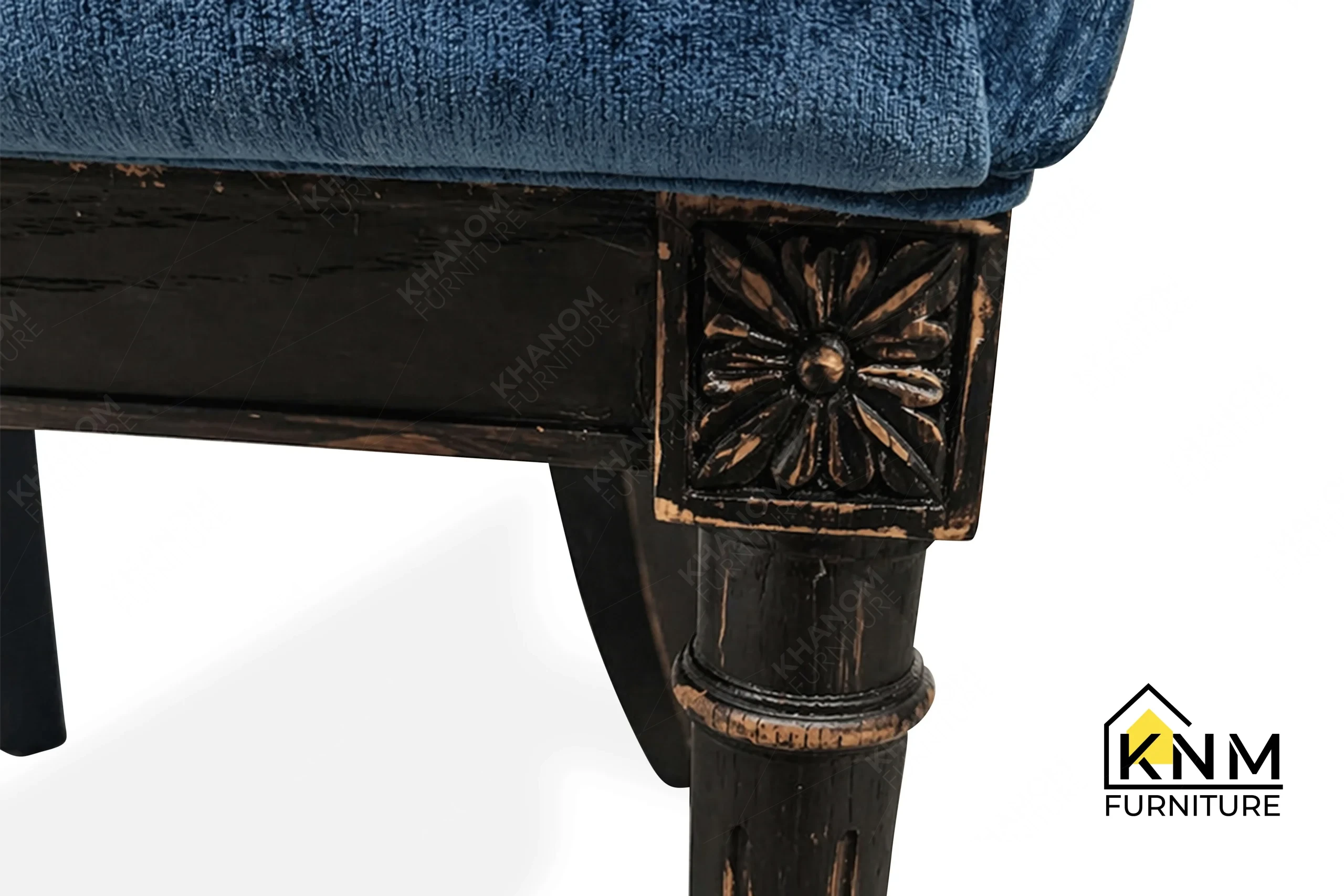 Close-up detail highlighting the refined wood and rattan craftsmanship of a custom dining chair manufactured by Khanom Furniture (KNM Furniture), an established contract furniture factory Vietnam.