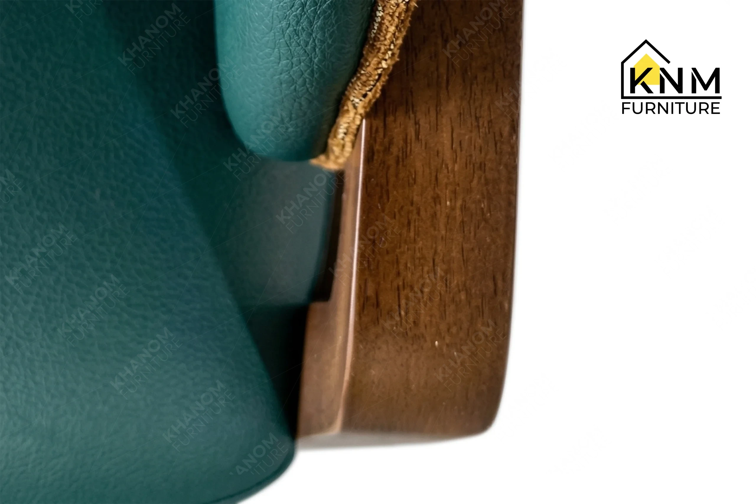 Zoom detail showcasing the premium materials and flawless finishing of a bespoke dining chair, meticulously manufactured by Khanom Furniture (KNM Furniture), your reliable upholstery factory Vietnam.