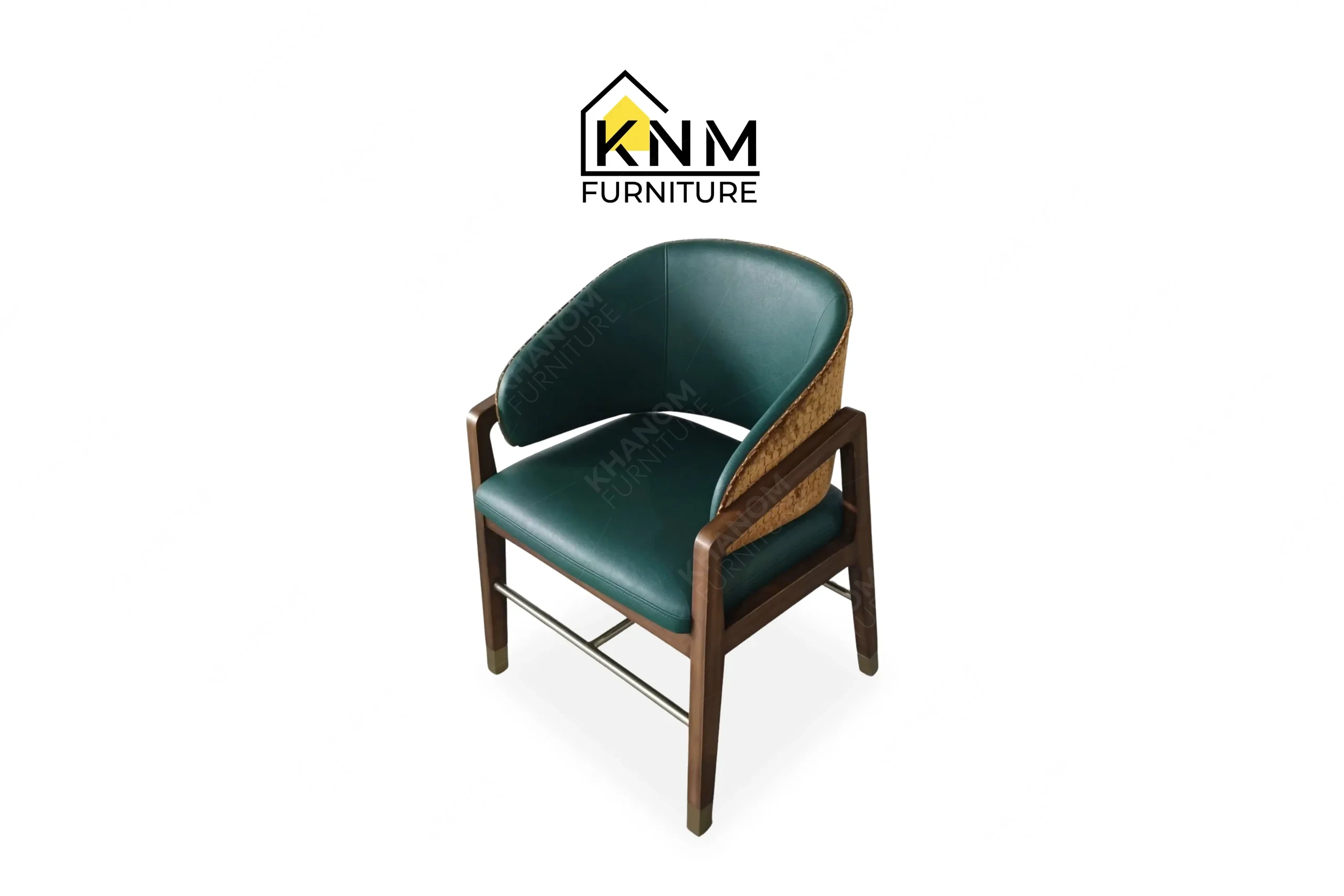 A 3/4 perspective view showing the graceful curved backrest and dual upholstery of a contemporary dining chair with satin brass details, masterfully crafted by Khanom Furniture (KNM Furniture), your trusted hospitality furniture factory Vietnam.