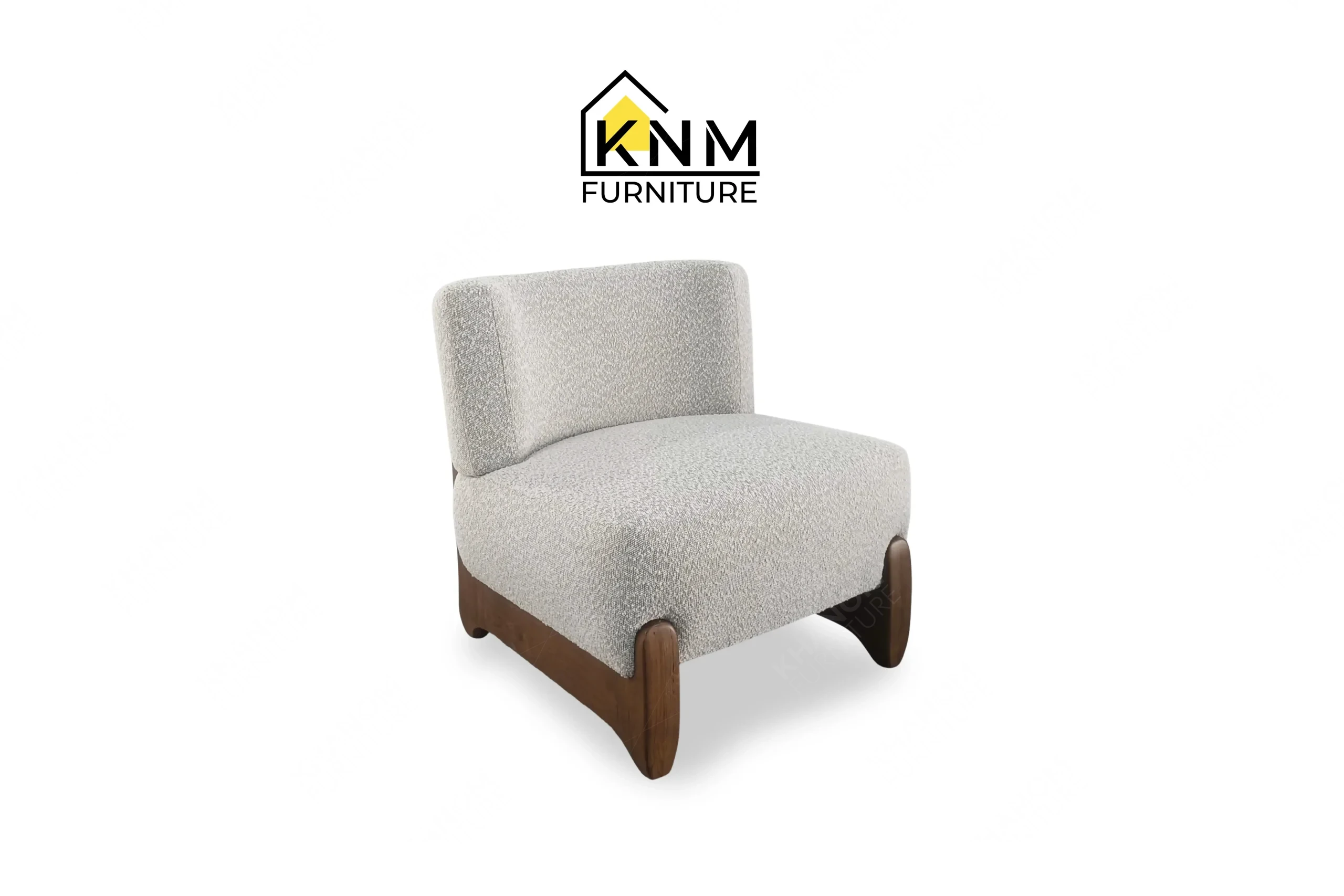 A 3/4 perspective view showing the chunky upholstered body and unique curved oak legs of a bespoke lounge chair, masterfully crafted by Khanom Furniture (KNM Furniture), your trusted custom furniture manufacturer.