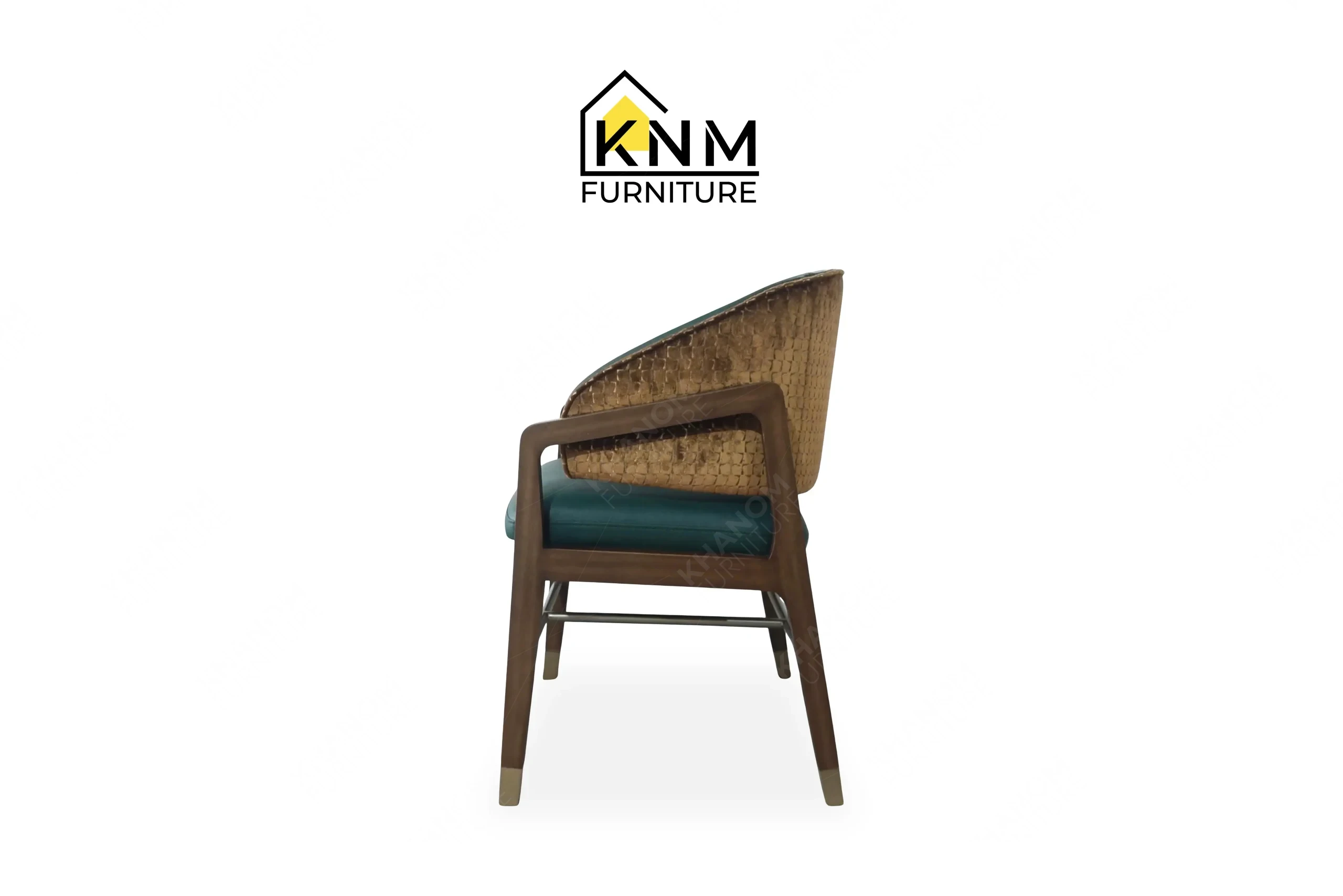 Side profile view of a sturdy contract-grade restaurant dining chair featuring a walnut finish frame and mixed upholstery, produced by Khanom Furniture (KNM Furniture), a dedicated custom furniture factory.