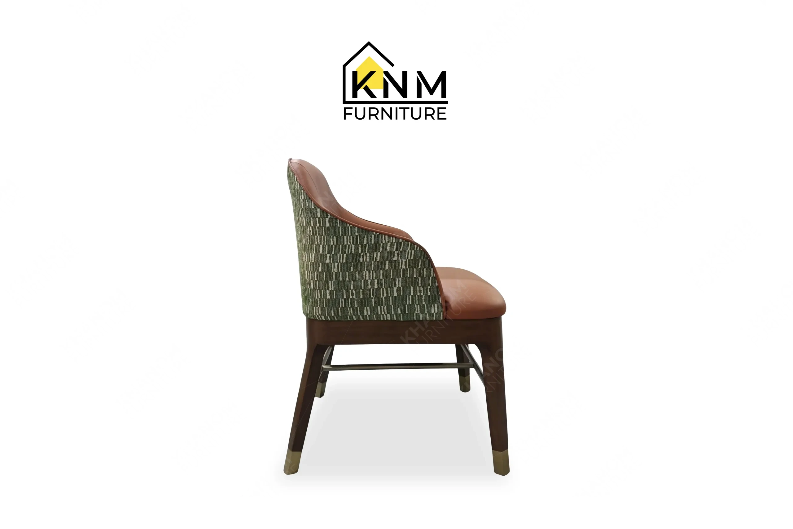 Side profile view of a sturdy contract-grade restaurant dining chair featuring a hardwood frame and mixed upholstery, produced by Khanom Furniture (KNM Furniture), a dedicated custom furniture factory Vietnam.