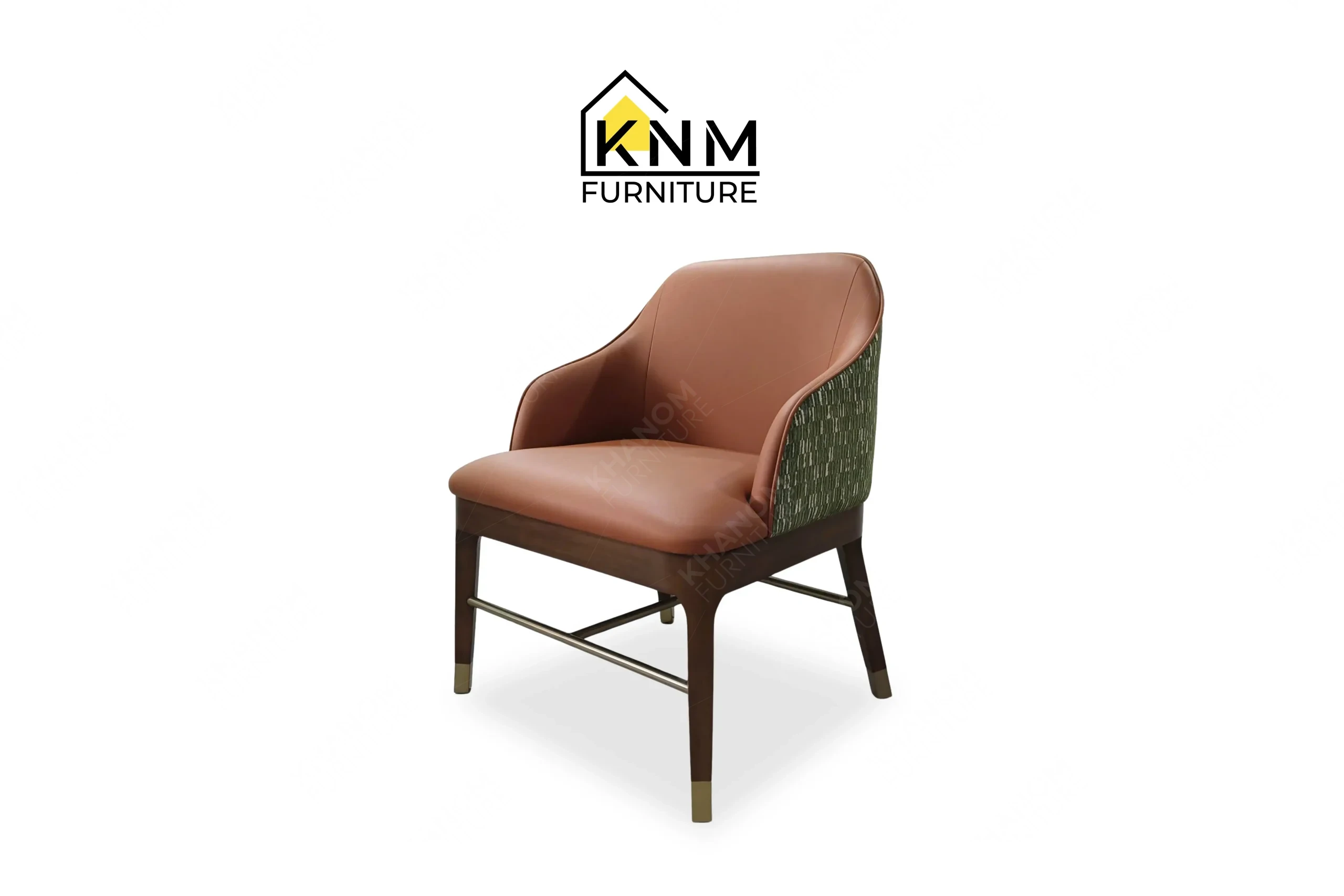 A 3/4 perspective view showing the graceful curved backrest and dual upholstery of a contemporary dining chair with satin brass details, masterfully crafted by Khanom Furniture (KNM Furniture), your trusted hospitality furniture factory Vietnam.
