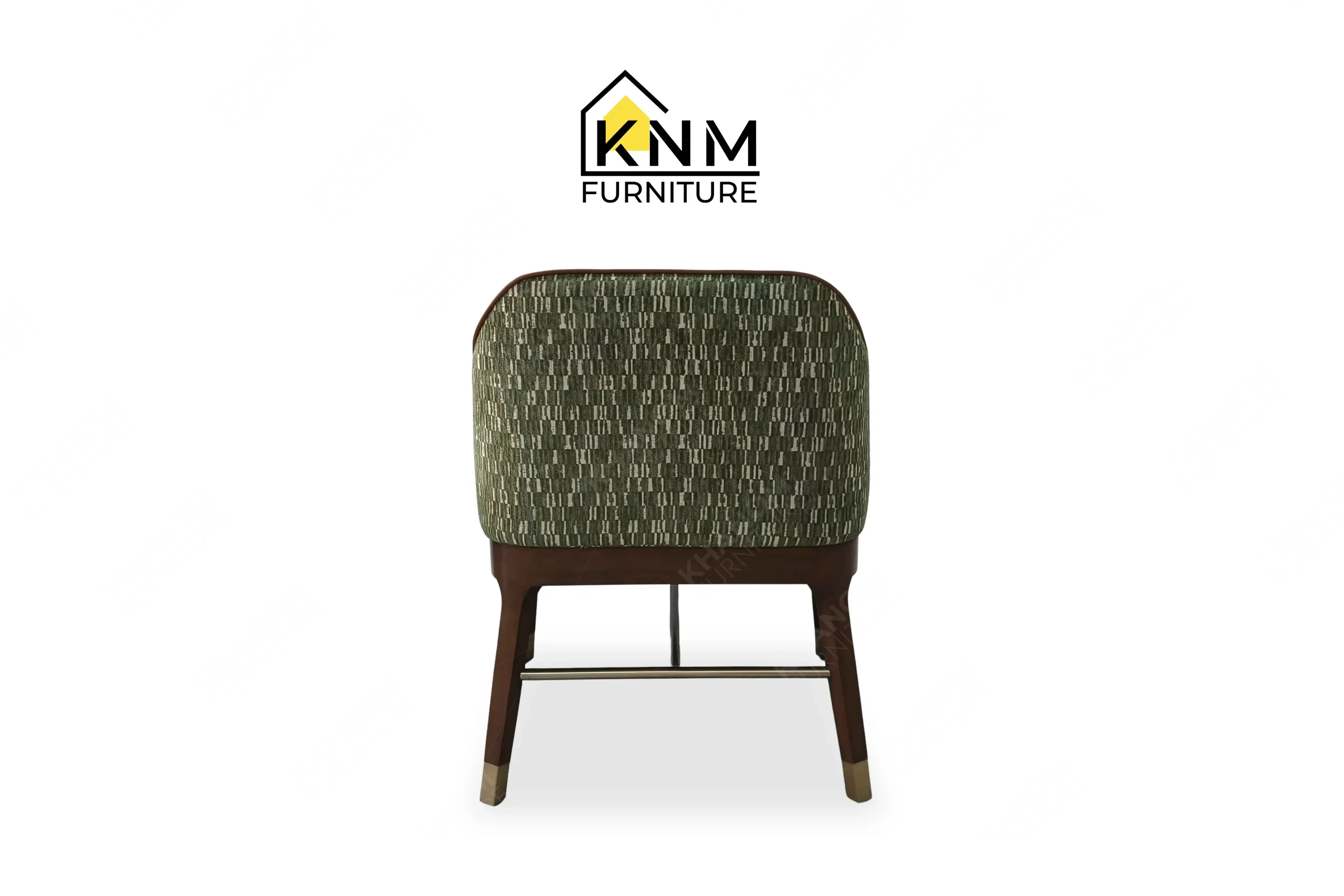 Direct back view of a premium wing back dining chair featuring moss green patterned fabric, manufactured by Khanom Furniture (KNM Furniture), a dedicated hospitality furniture factory.