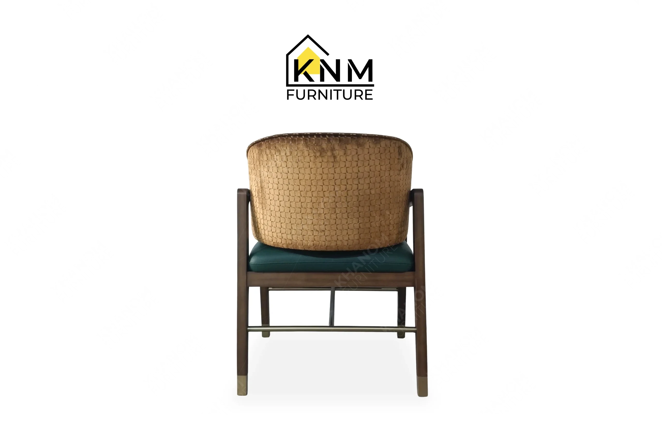 Direct back view of a premium dining chair featuring patterned resin fabric, manufactured by Khanom Furniture (KNM Furniture), a dedicated hospitality furniture factory.