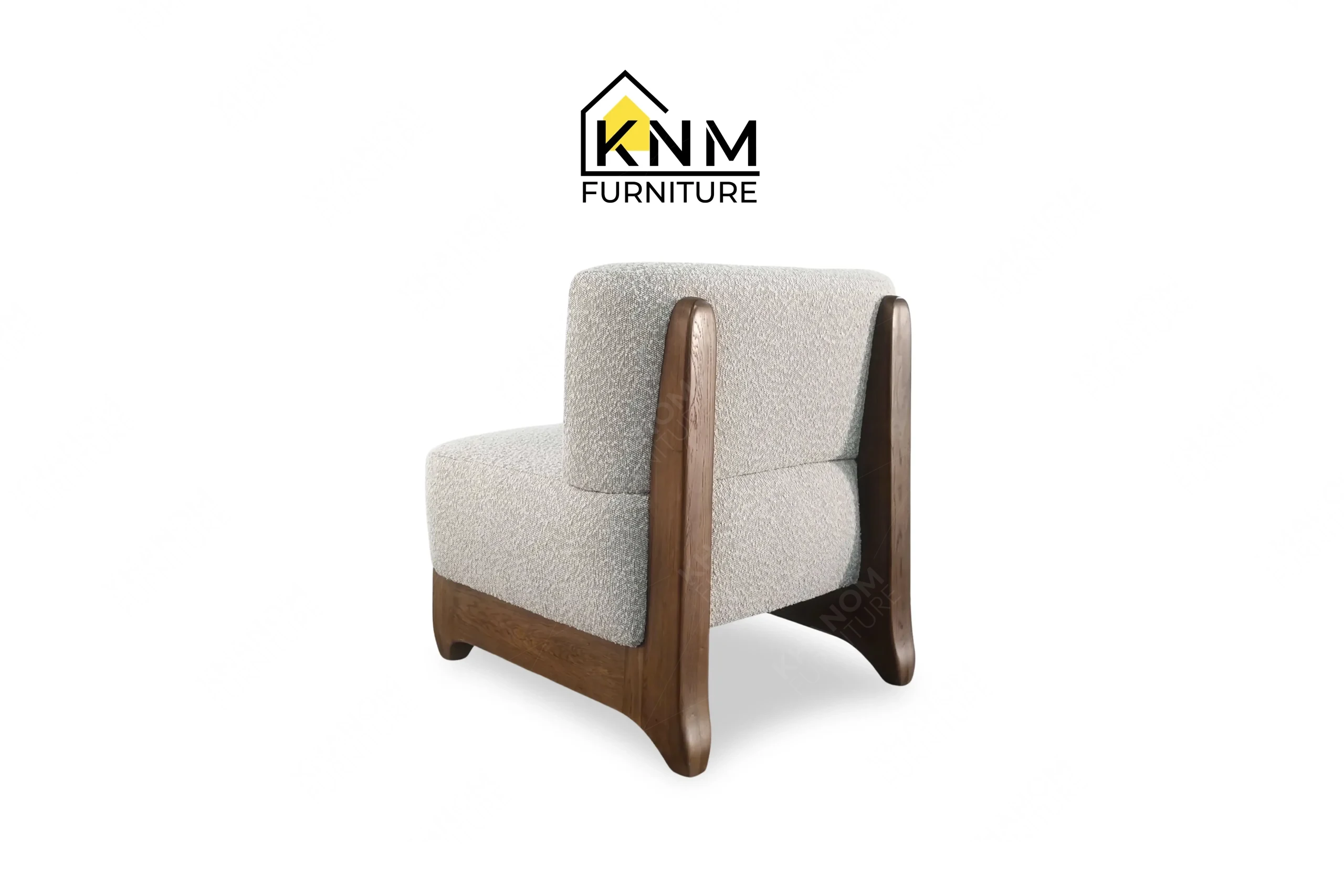 Rear perspective view emphasizing the flawless textured fabric tailoring on a custom contemporary lounge chair built by Khanom Furniture (KNM Furniture), an expert custom furniture manufacturer.