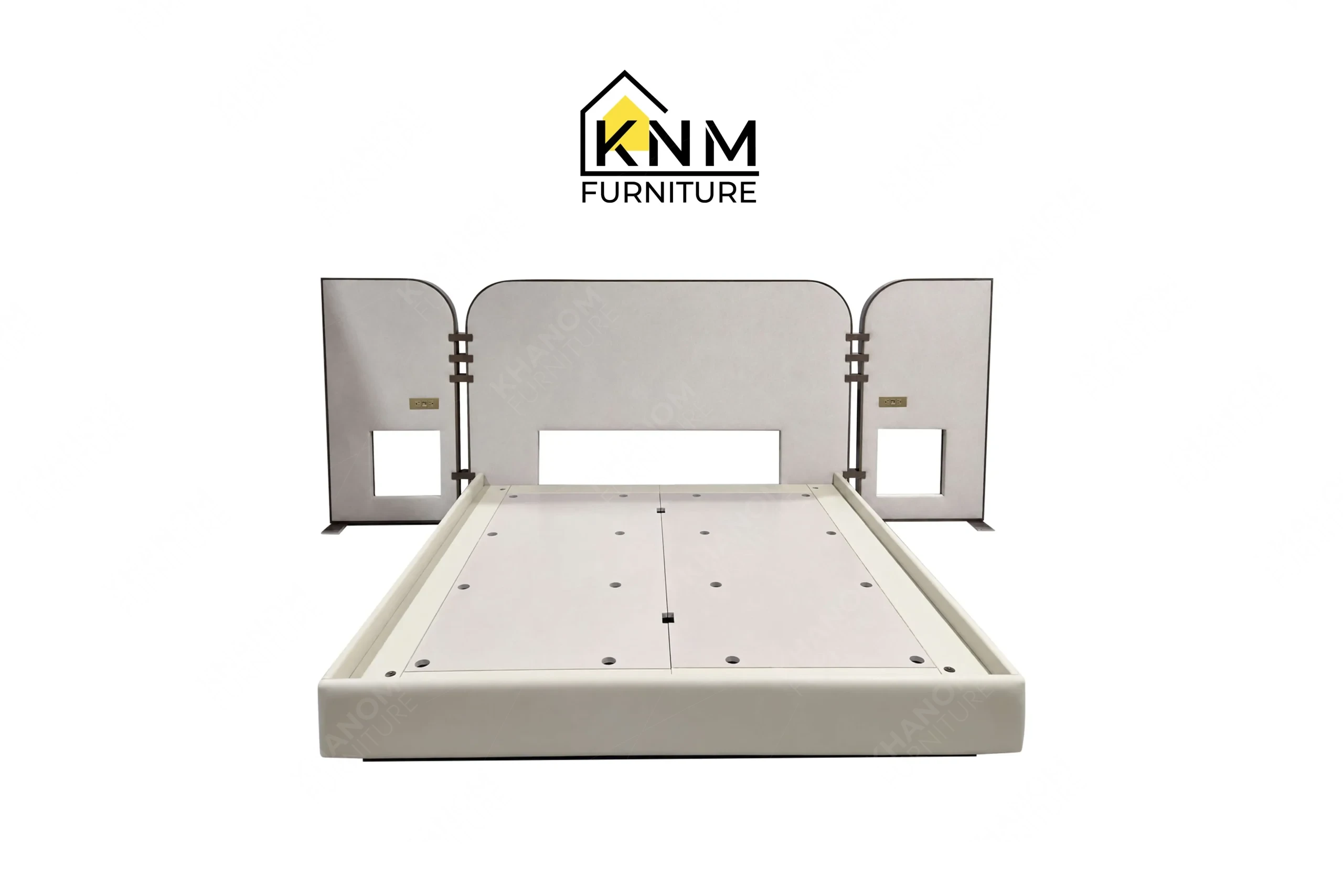 This front view displays the bronze Granex upholstered bed system manufactured by Khanom Furniture, highlighting the upholstered panels and platform base.