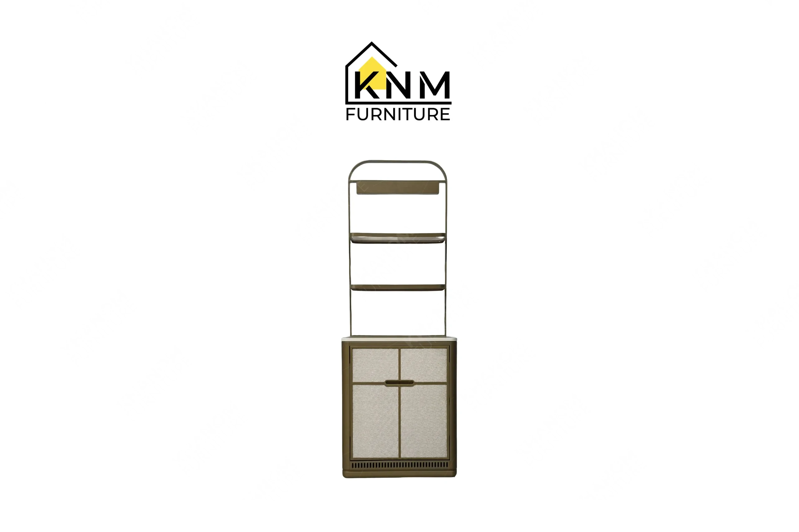 This front closed view displays the platinum nickel Vicostone mini bar manufactured by Khanom Furniture, highlighting the bronze mesh glass doors.