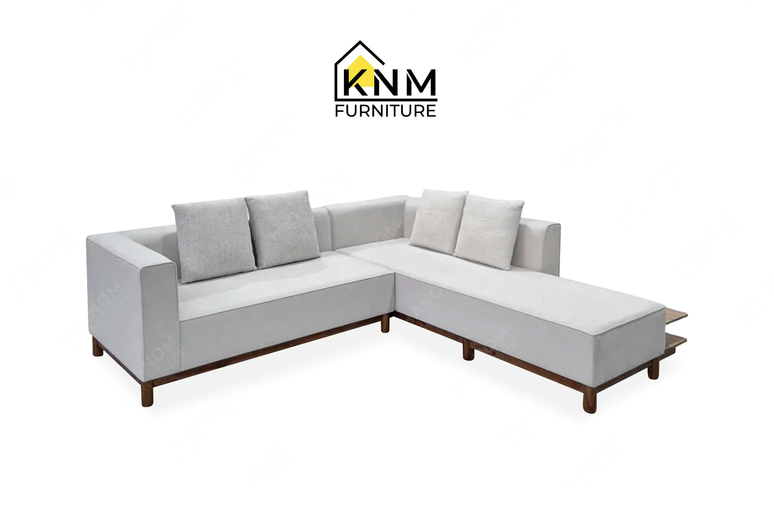 This front view displays the solid teak outdoor sectional sofa manufactured by Khanom Furniture, highlighting the uniform upholstery and wood base.