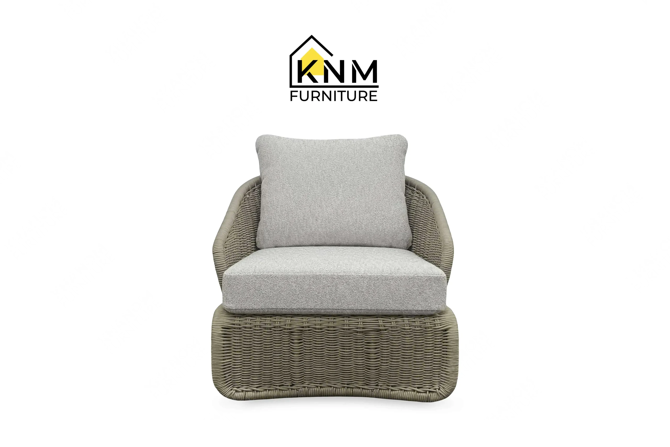 This front view displays the woven resin outdoor lounge chair manufactured by Khanom Furniture, highlighting the thick seat cushion and continuous weave.