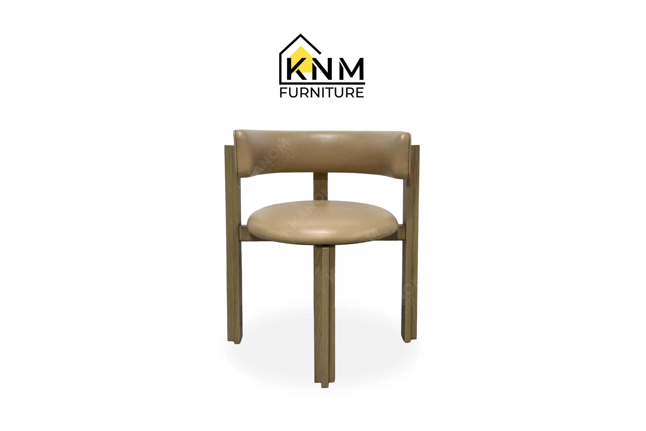 This front view displays the solid ash curved back dining chair manufactured by Khanom Furniture, highlighting the Savannah Cream upholstery and frame geometry.