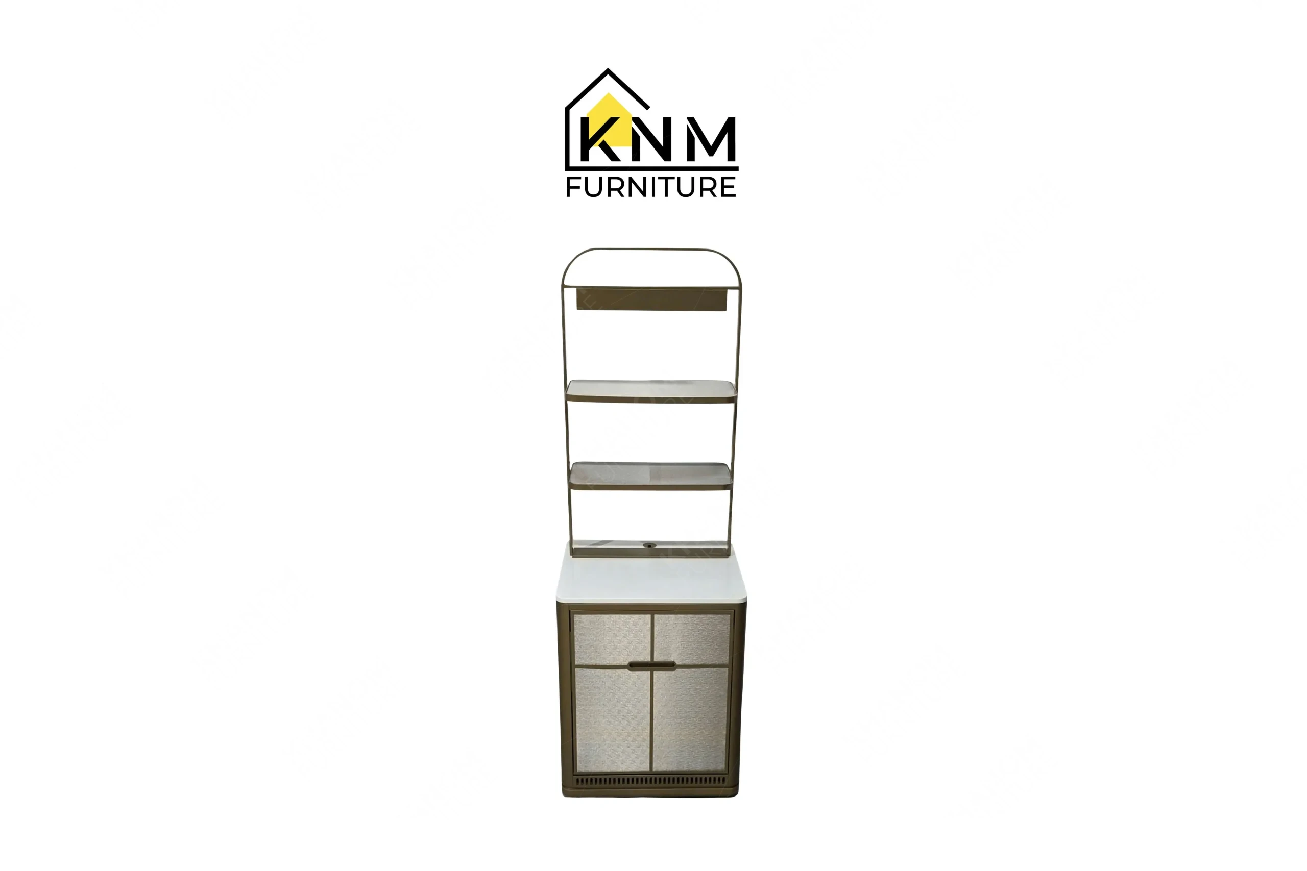 A perspective view illustrating the Vicostone top and metallic finish of the platinum nickel Vicostone mini bar produced by Khanom Furniture.