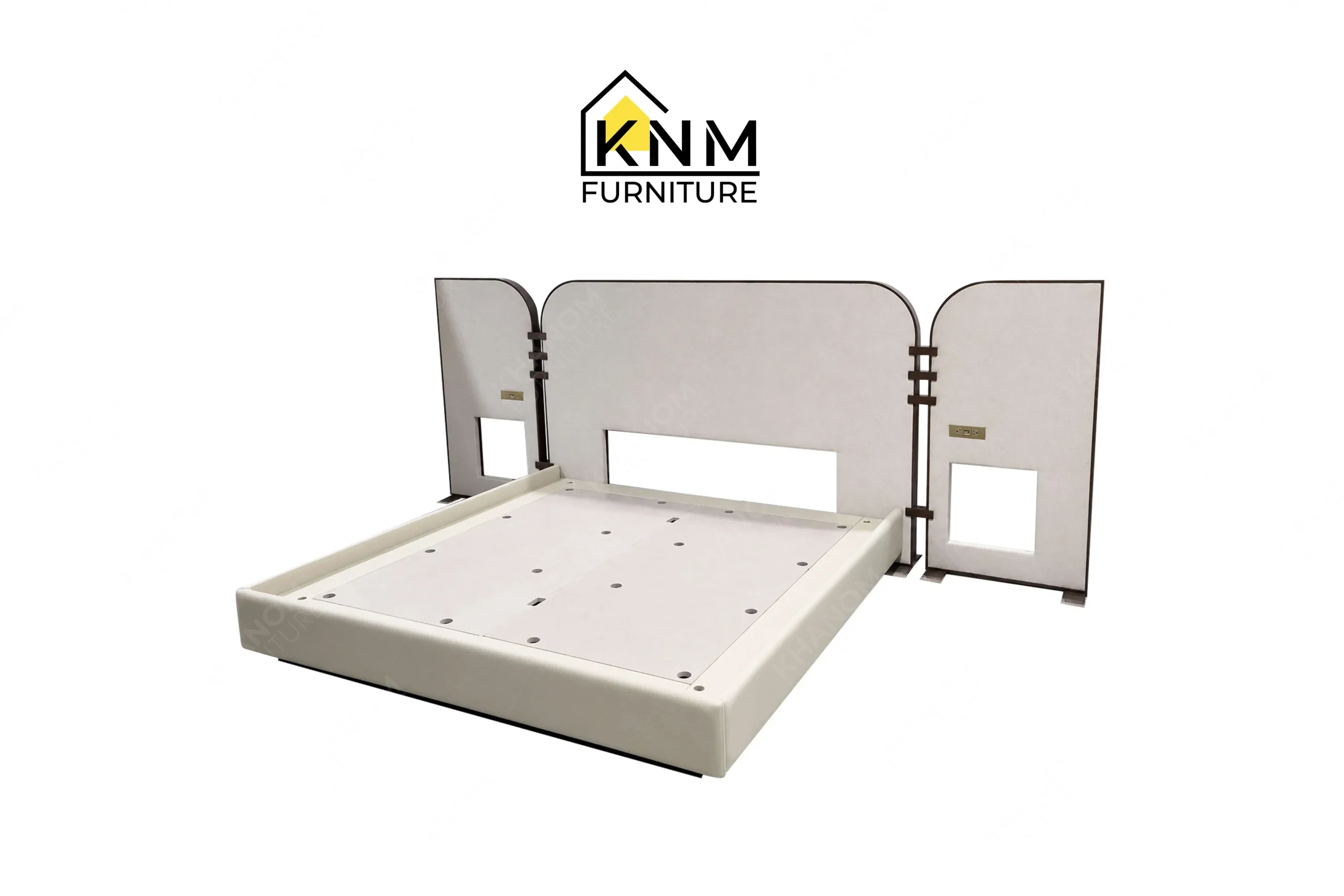 A perspective view illustrating the modular components and fabric tension of the bronze Granex upholstered bed system produced by Khanom Furniture.