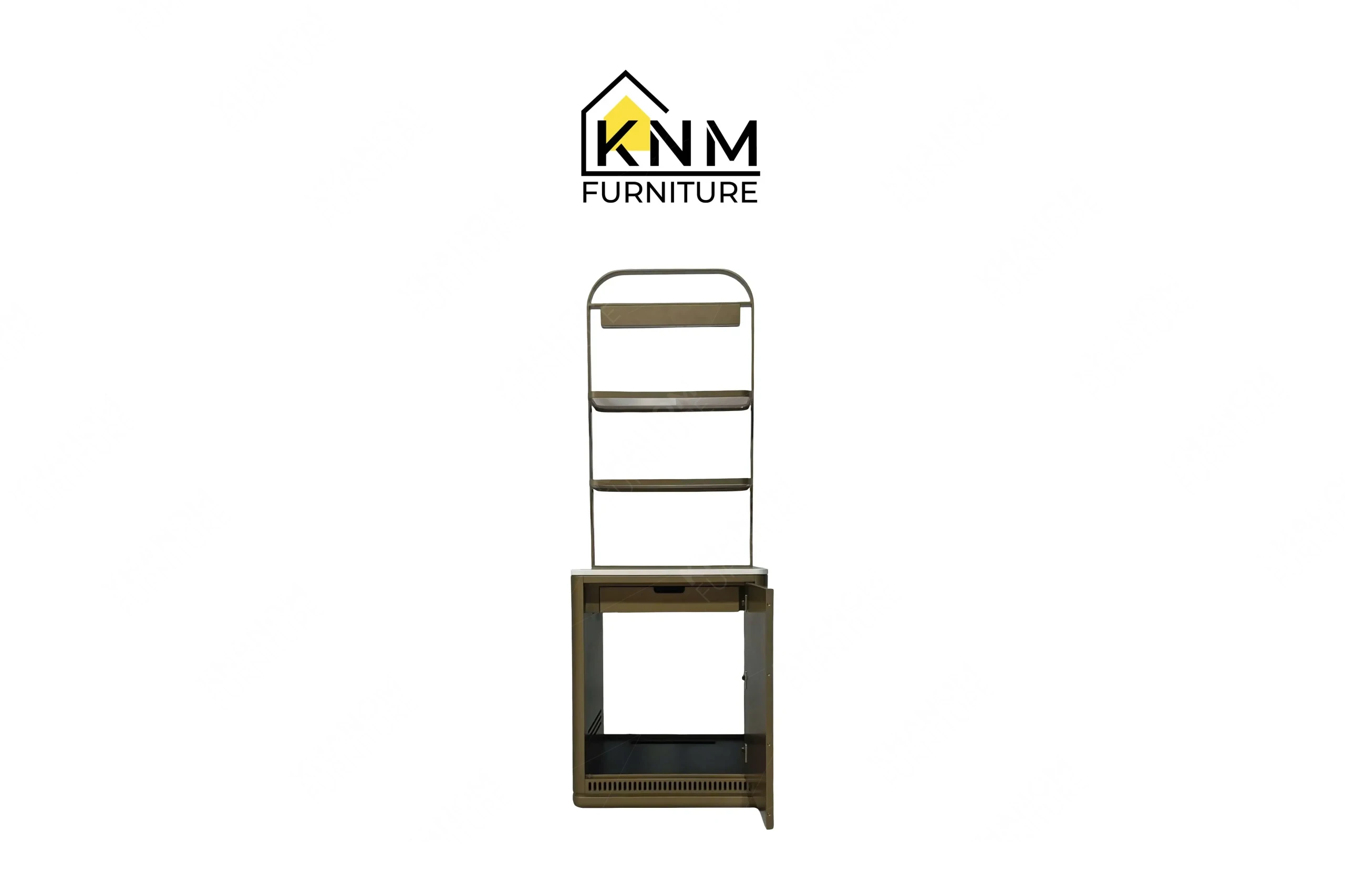 The front open view of the platinum nickel Vicostone mini bar by Khanom Furniture reveals the internal fridge compartment and laminate flooring.