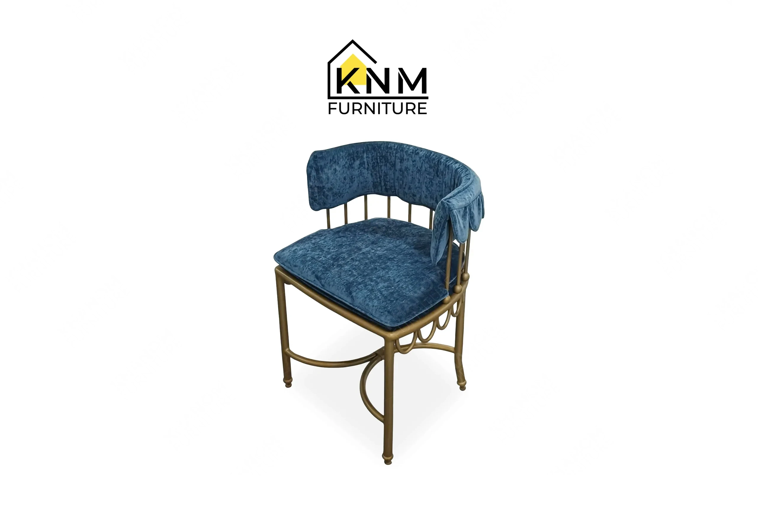 A perspective view illustrating the decorative knobs and curved frame of the scalloped brass outdoor dining chair, produced by Khanom Furniture for commercial terraces.