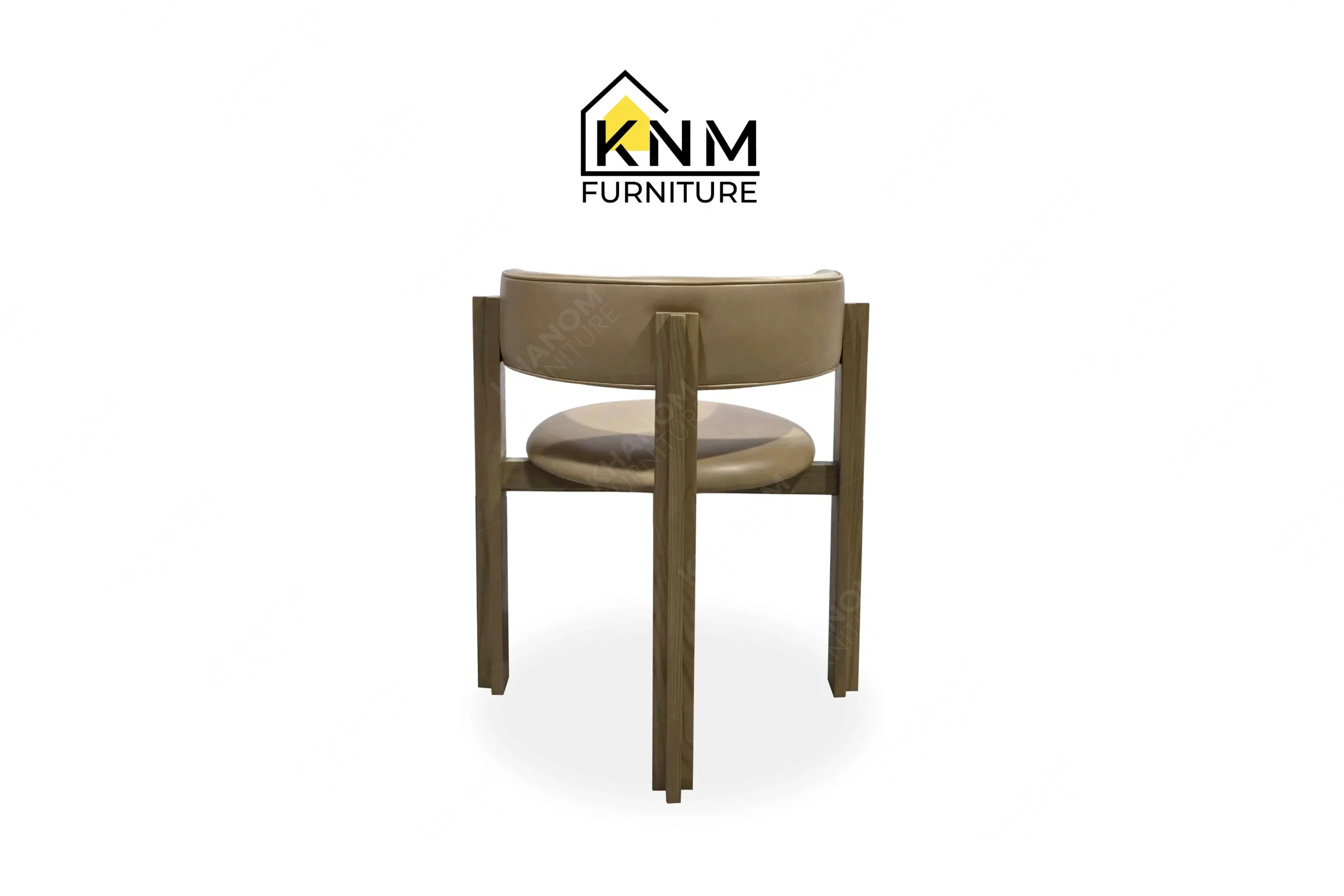 This rear view captures the continuous solid ash wood frame and tight back upholstery of the dining chair engineered by Khanom Furniture.