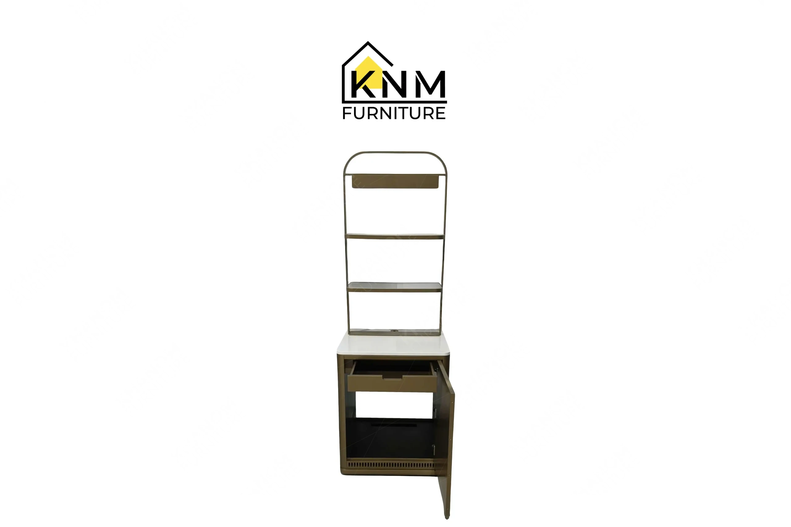 An open perspective of the platinum nickel Vicostone mini bar highlights the internal hardware and false panel engineered by Khanom Furniture.