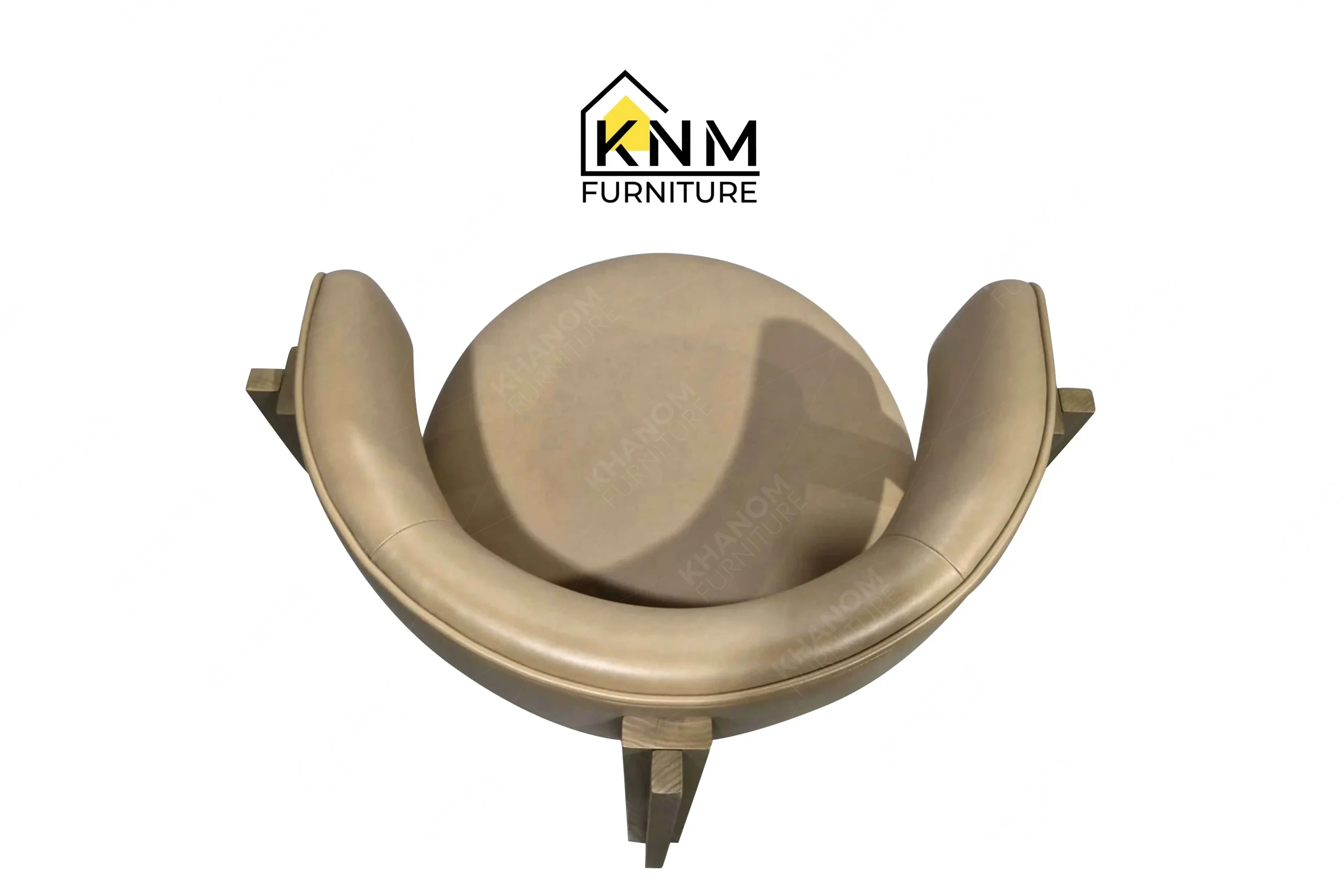 A perspective view illustrating the curved backrest and round underside of the seat on the solid ash curved back dining chair produced by Khanom Furniture.