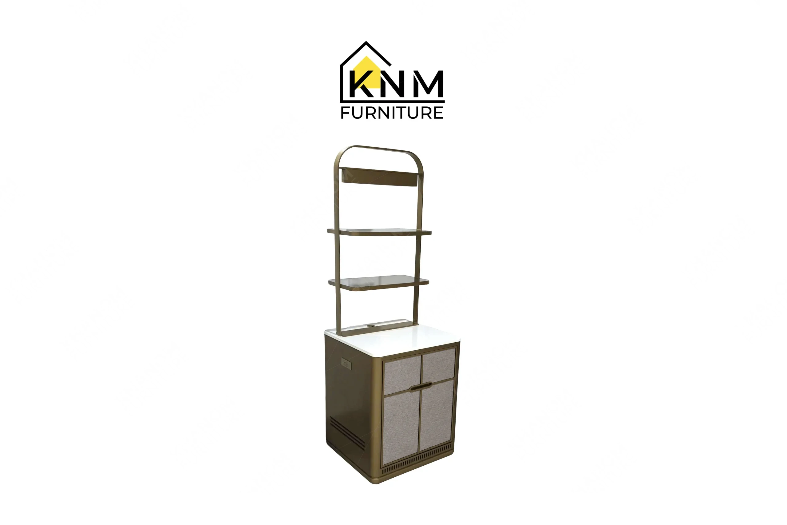 A left perspective view illustrating the Vicostone top and metallic finish of the platinum nickel Vicostone mini bar produced by Khanom Furniture.