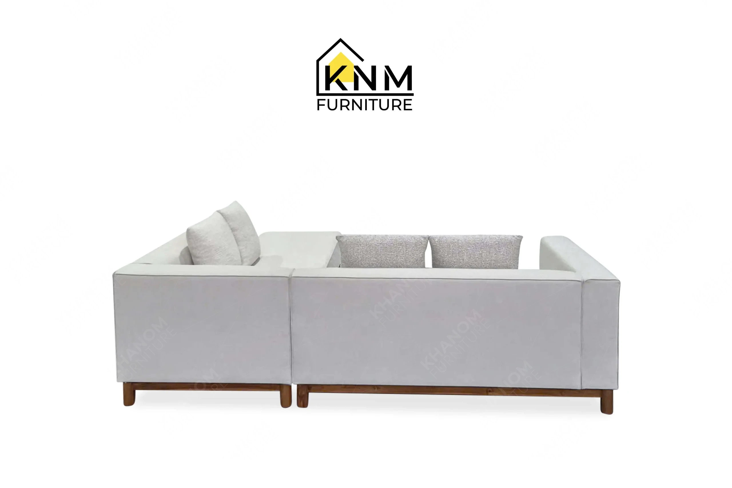 An alternative rear perspective of the solid teak outdoor sectional sofa highlights the robust modular assembly executed by Khanom Furniture.
