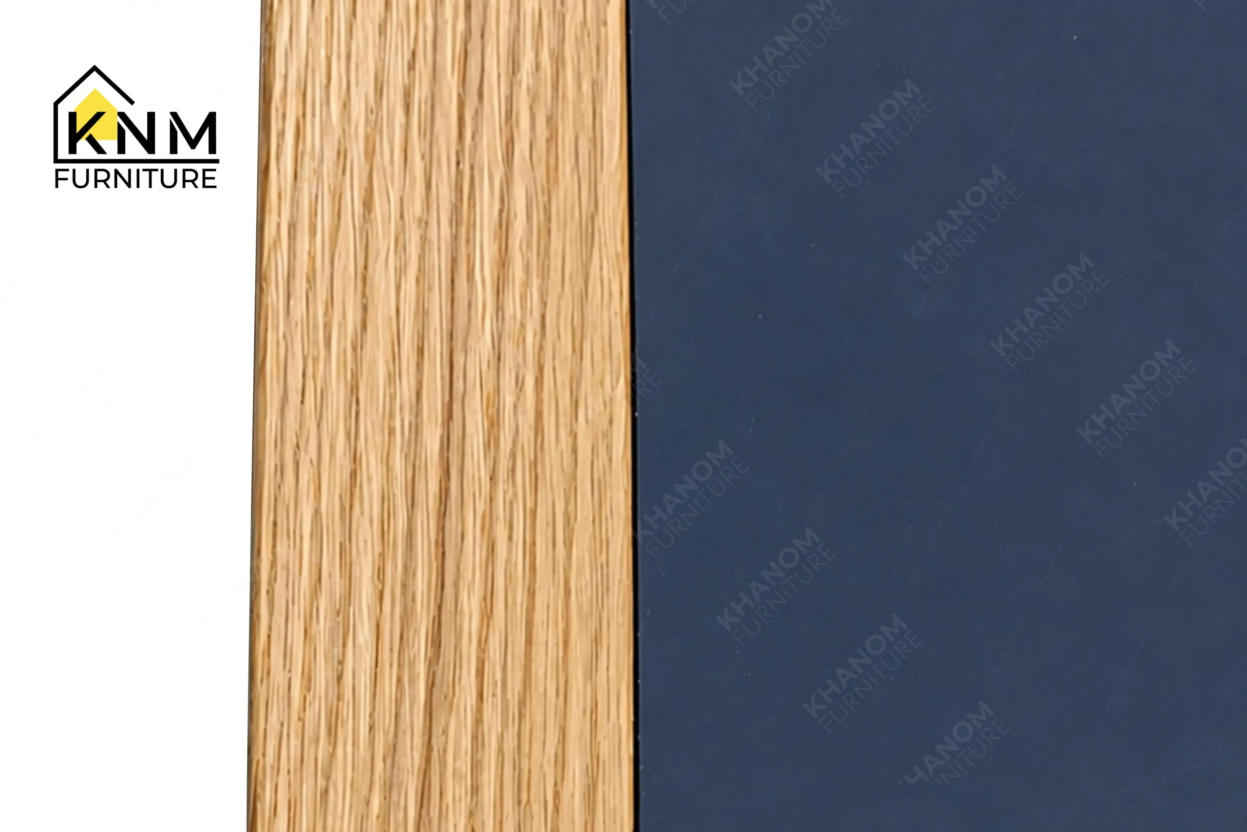 A technical detail of the white oak Fenix ADA table from Khanom Furniture, describing the internal X-stretcher and dowel joint construction.