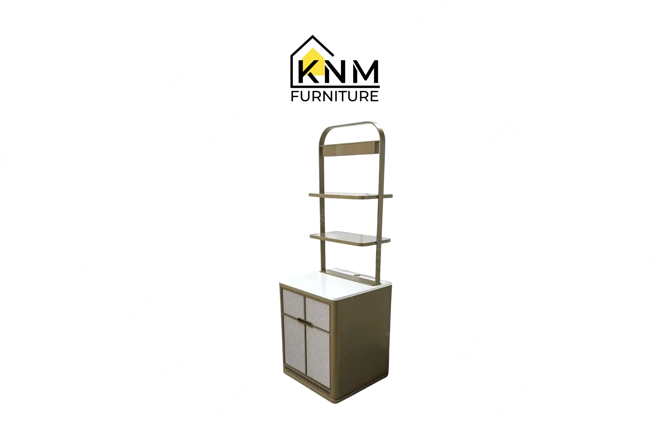 A right perspective view illustrating the Vicostone top and metallic finish of the platinum nickel Vicostone mini bar produced by Khanom Furniture.
