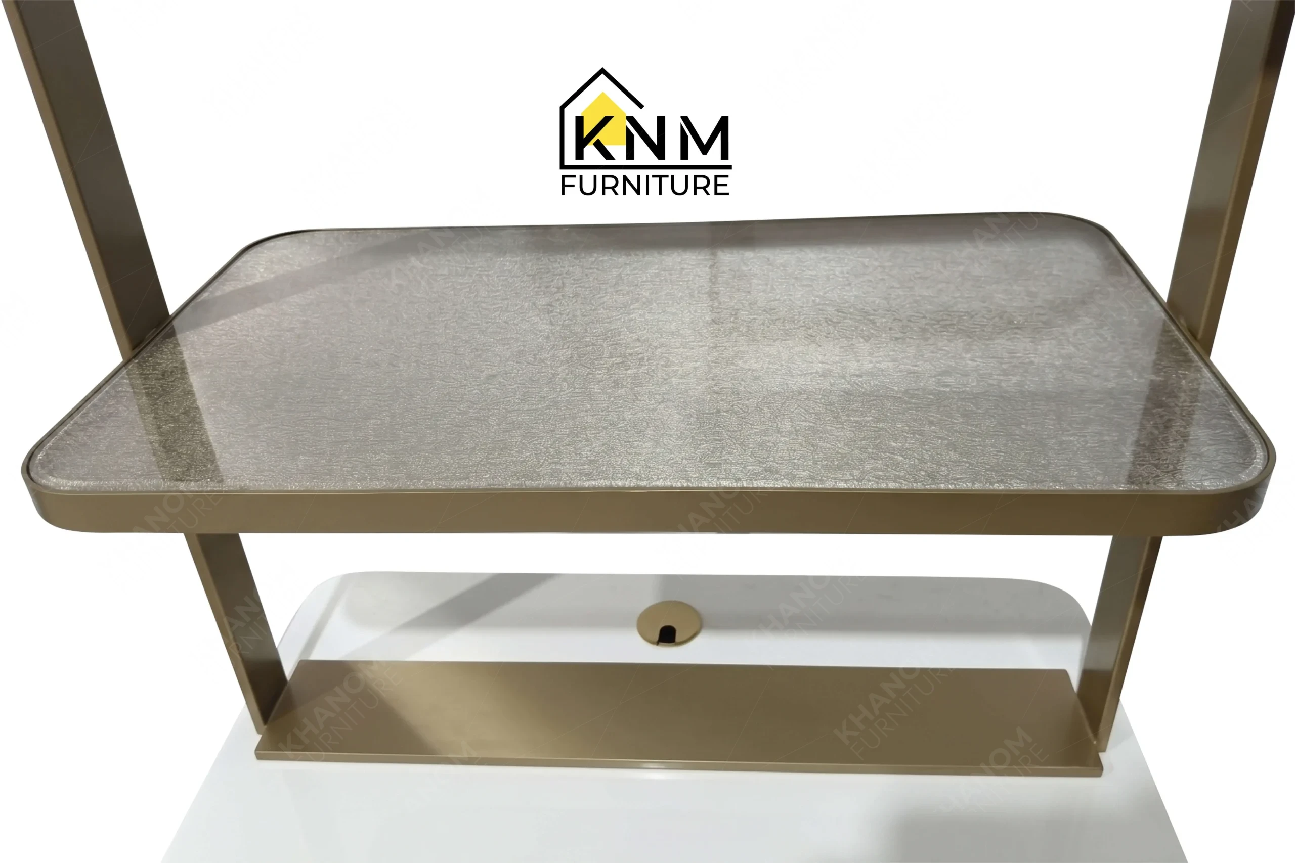 A detailed material zoom of the platinum nickel Vicostone mini bar by Khanom Furniture, showing the bronze mesh laminated architectural glass.