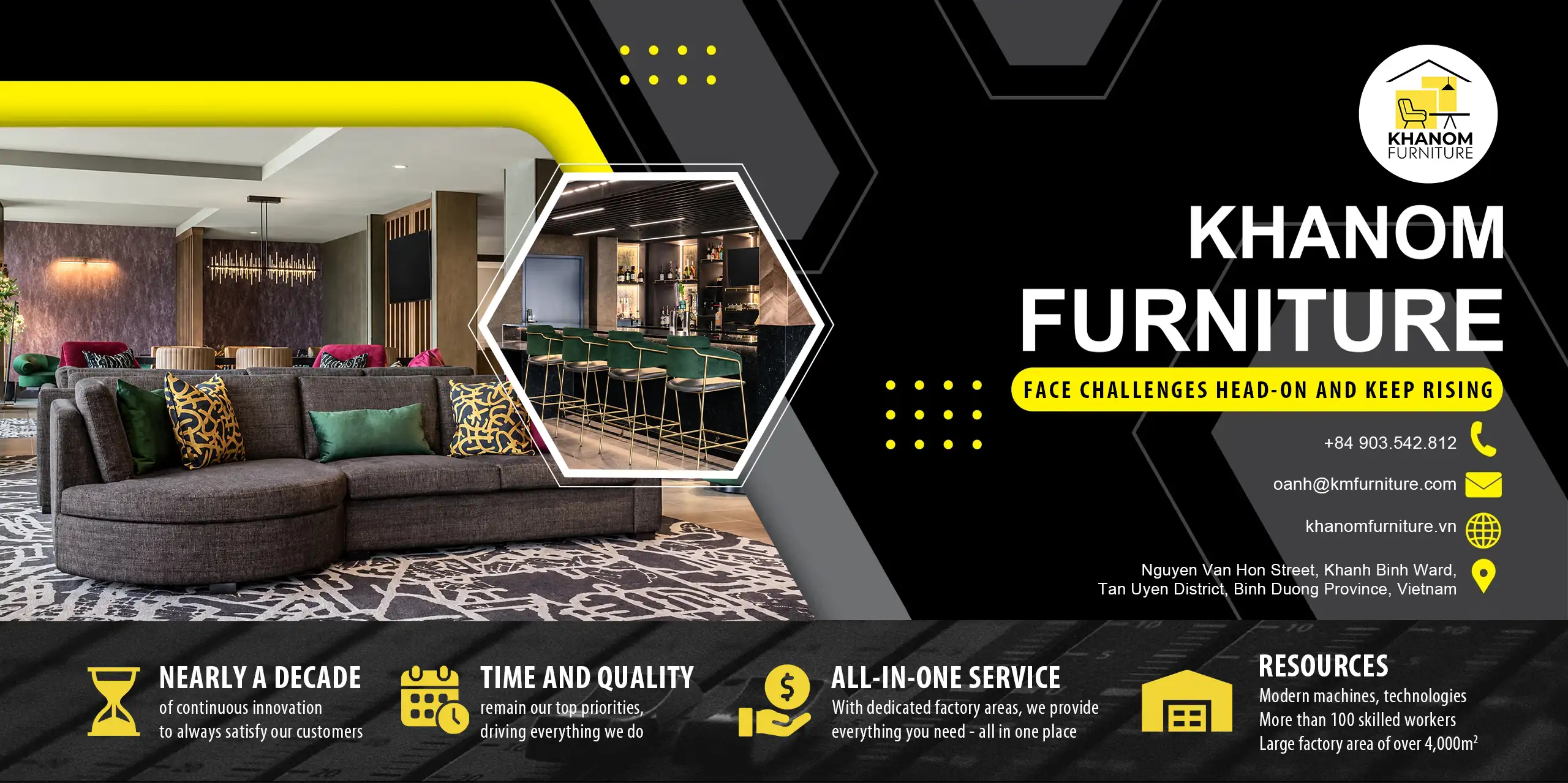 Official corporate banner of Khanom Furniture (KNM Furniture) showcasing luxury hospitality interiors, contact details, and core manufacturing USPs of our custom furniture factory Vietnam.
