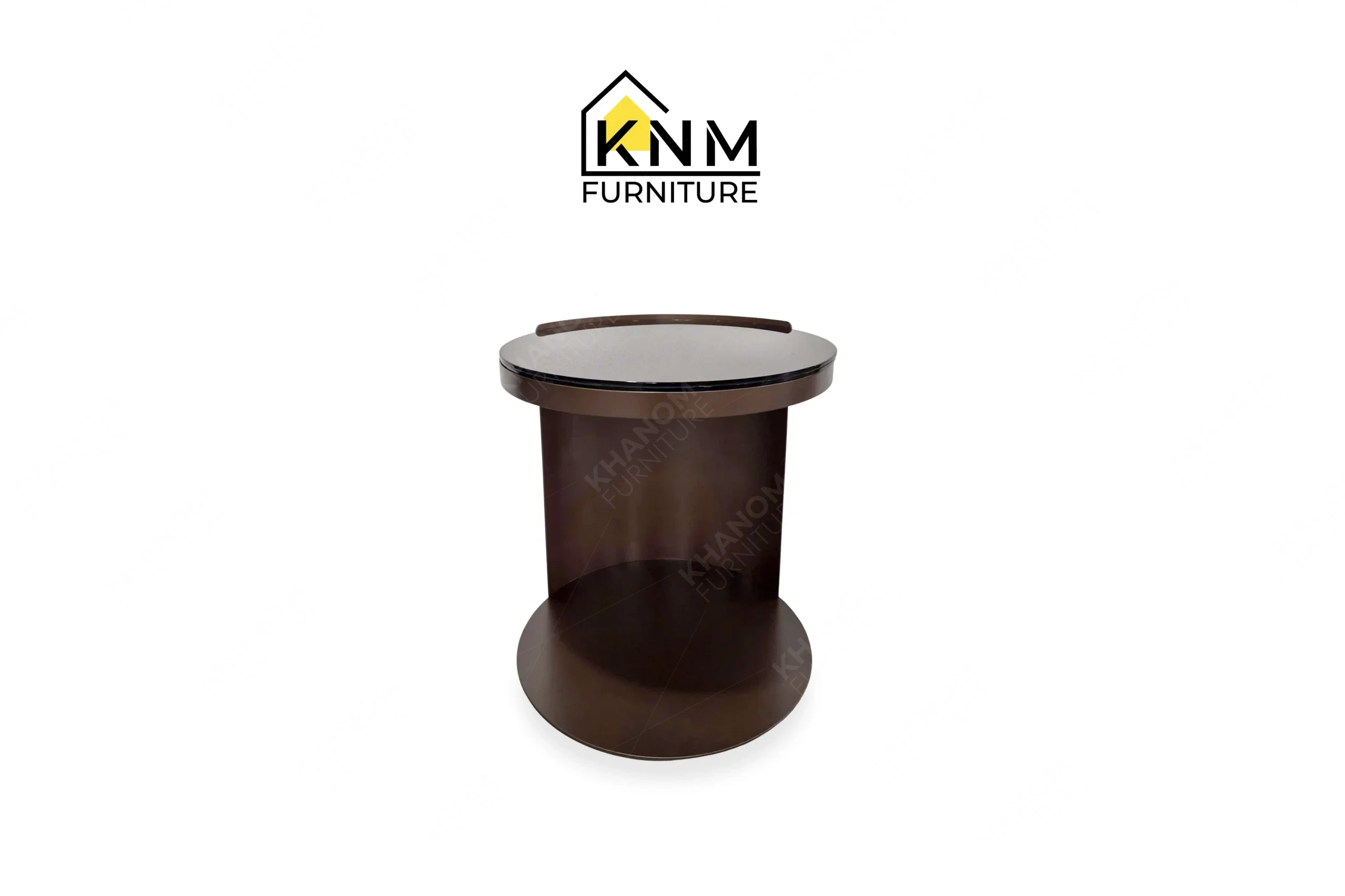 This front view displays the bronze Granex glass C-table manufactured by Khanom Furniture, highlighting the asymmetrical metal base and glass top.