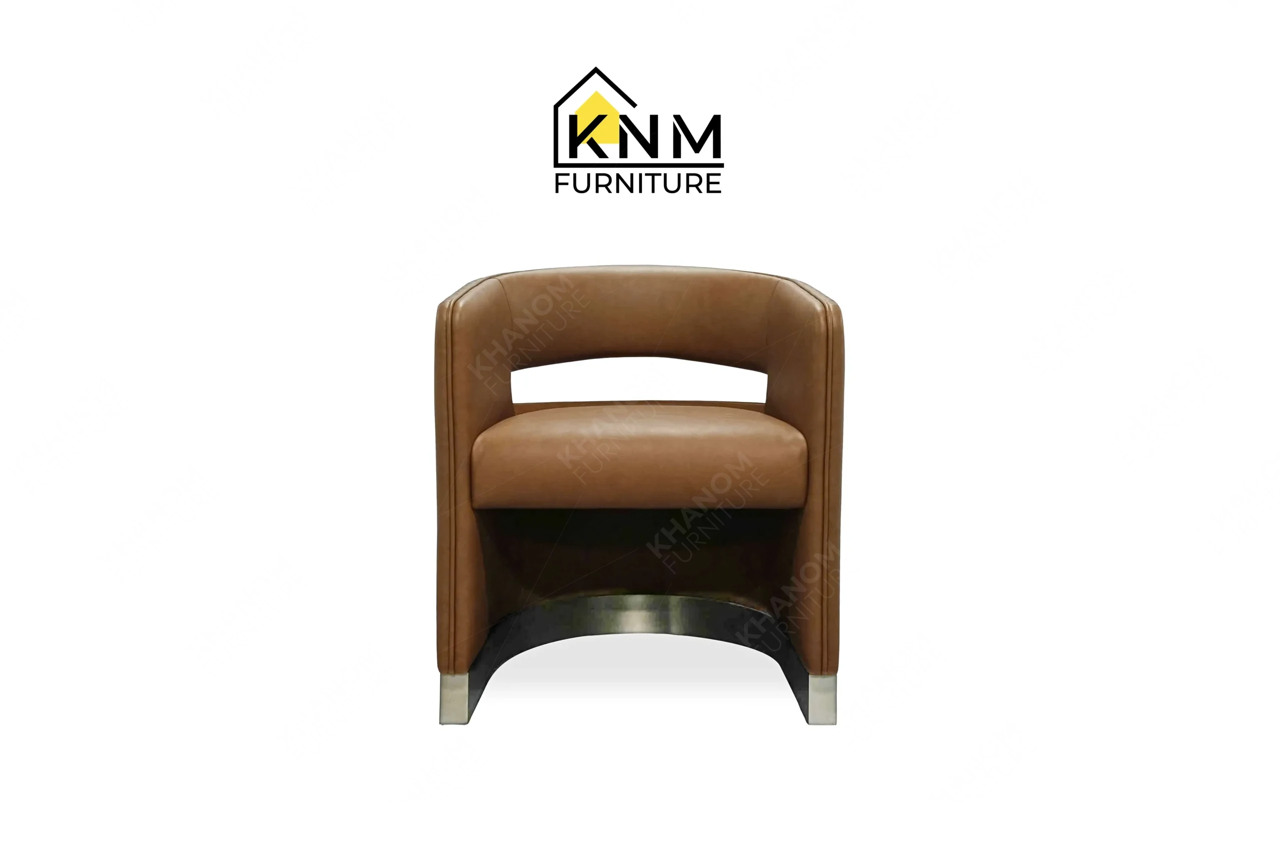 This front view displays the Dark Storm plated dining chair manufactured by Khanom Furniture, highlighting the arched metal base and tight seat upholstery.