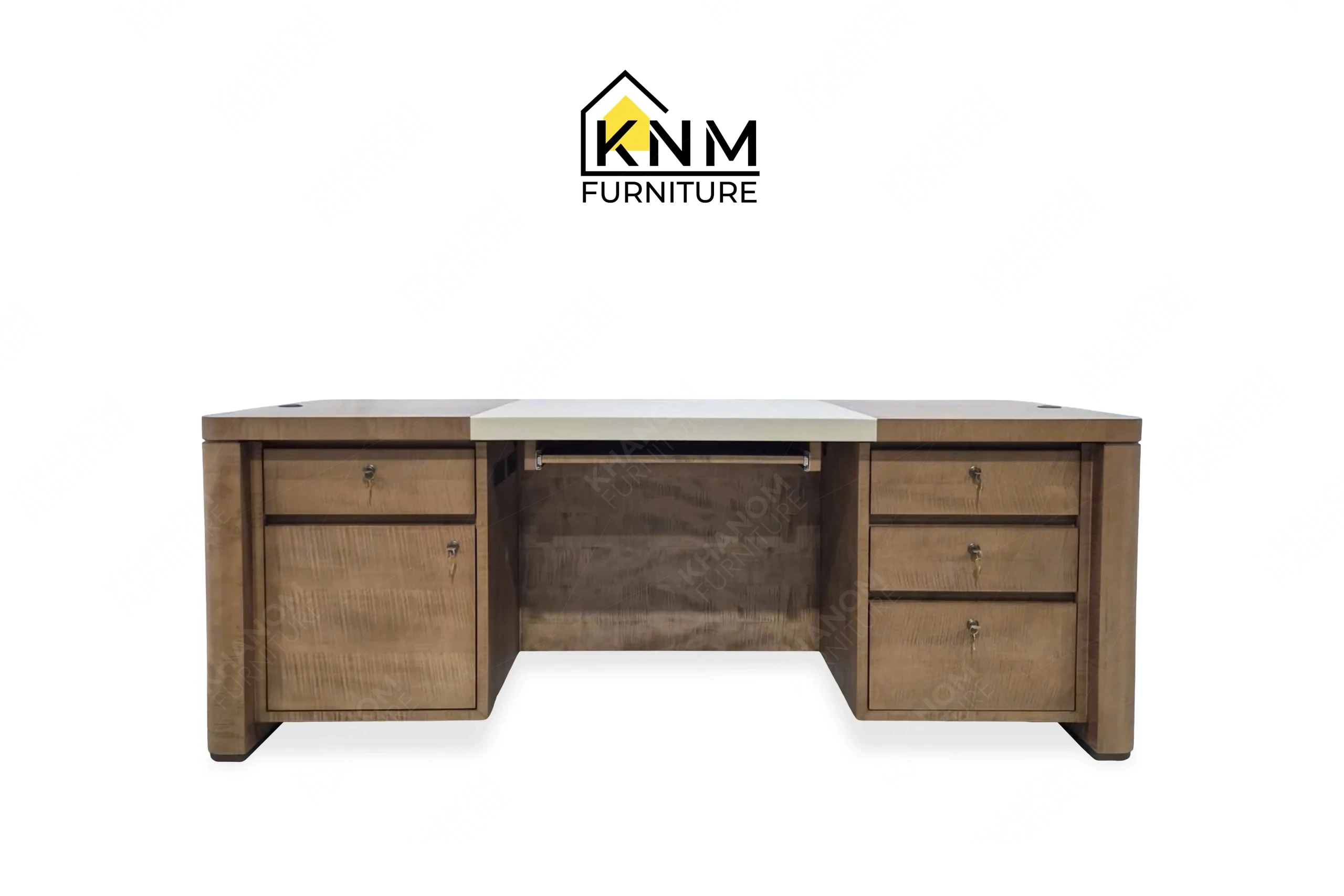 This front view displays the figured walnut lobby concierge desk manufactured by Khanom Furniture, highlighting the wood grain and contrasting work surface.
