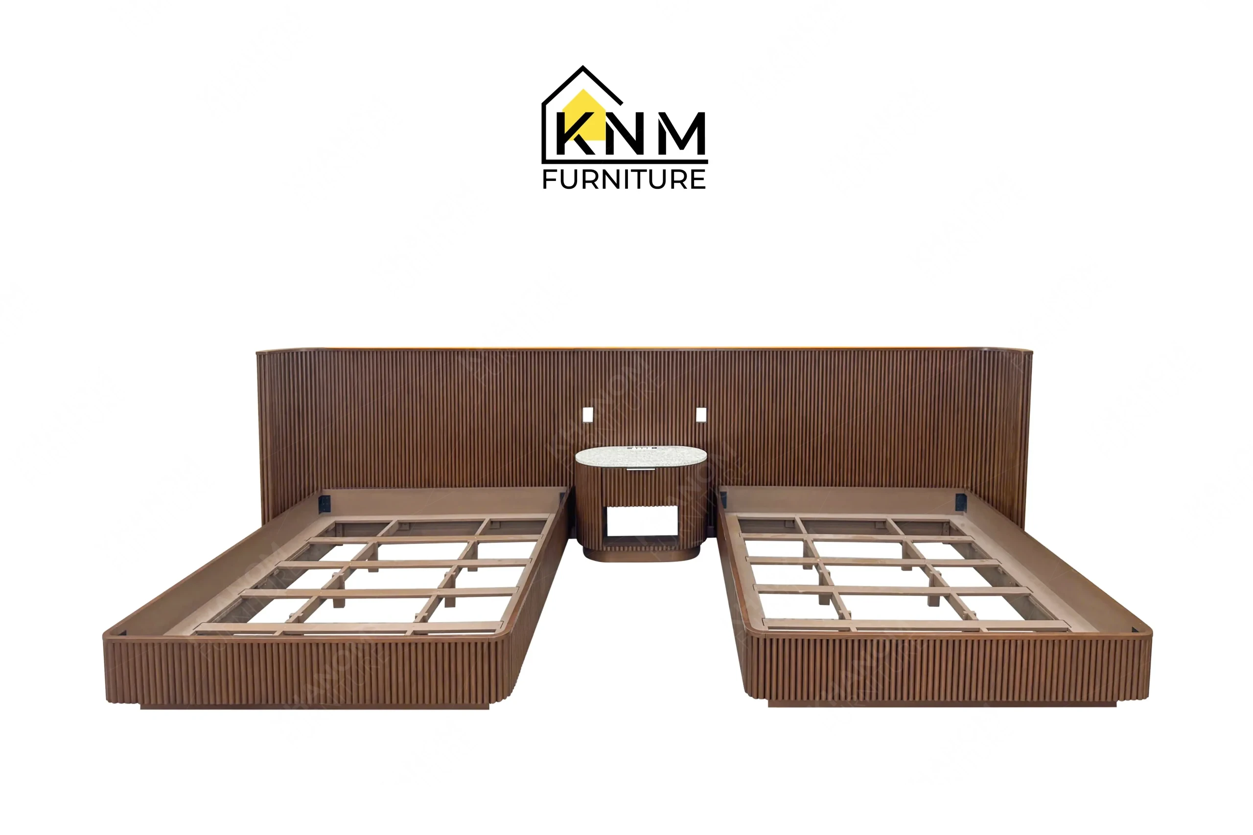 This front view displays the hardwood tambour double queen bed manufactured by Khanom Furniture, highlighting the continuous ribbed wood headboard and bed bases.
