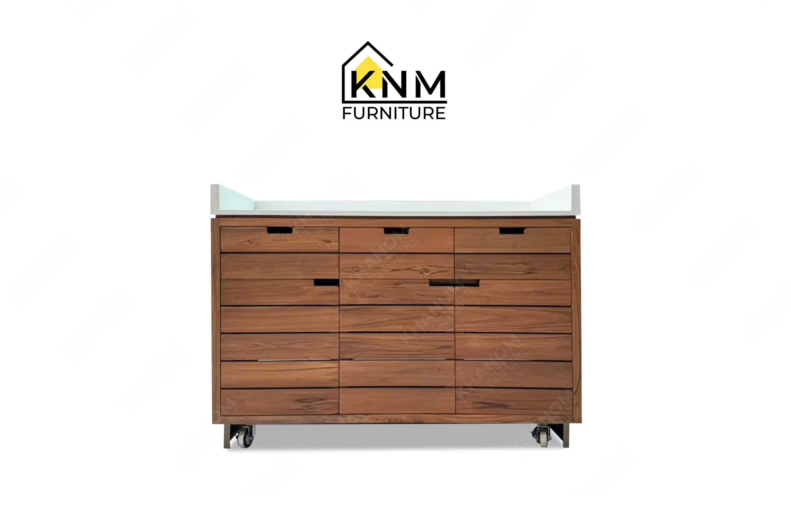 This front closed view displays the mobile stone top service station manufactured by Khanom Furniture, highlighting the slatted wood facade.