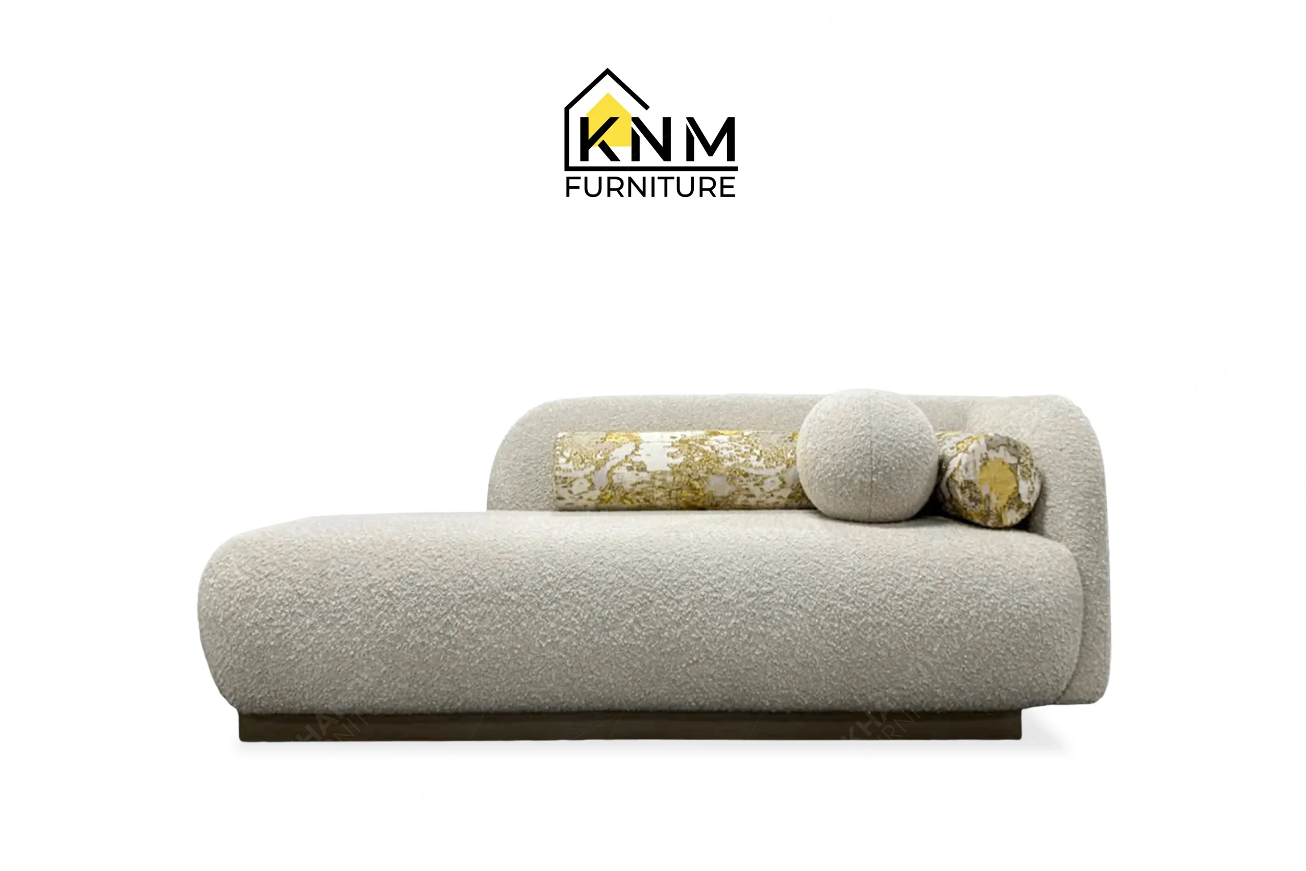 This front view displays the Opuzen fabric asymmetrical bedroom sofa manufactured by Khanom Furniture, highlighting the unique silhouette and textured upholstery.