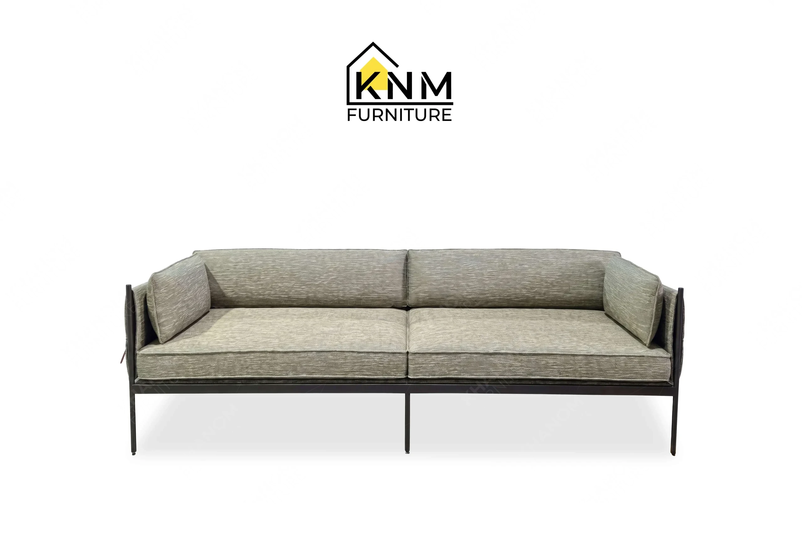 This front view displays the powder-coated steel lounge sofa manufactured by Khanom Furniture, highlighting the 92-inch span and central support leg.