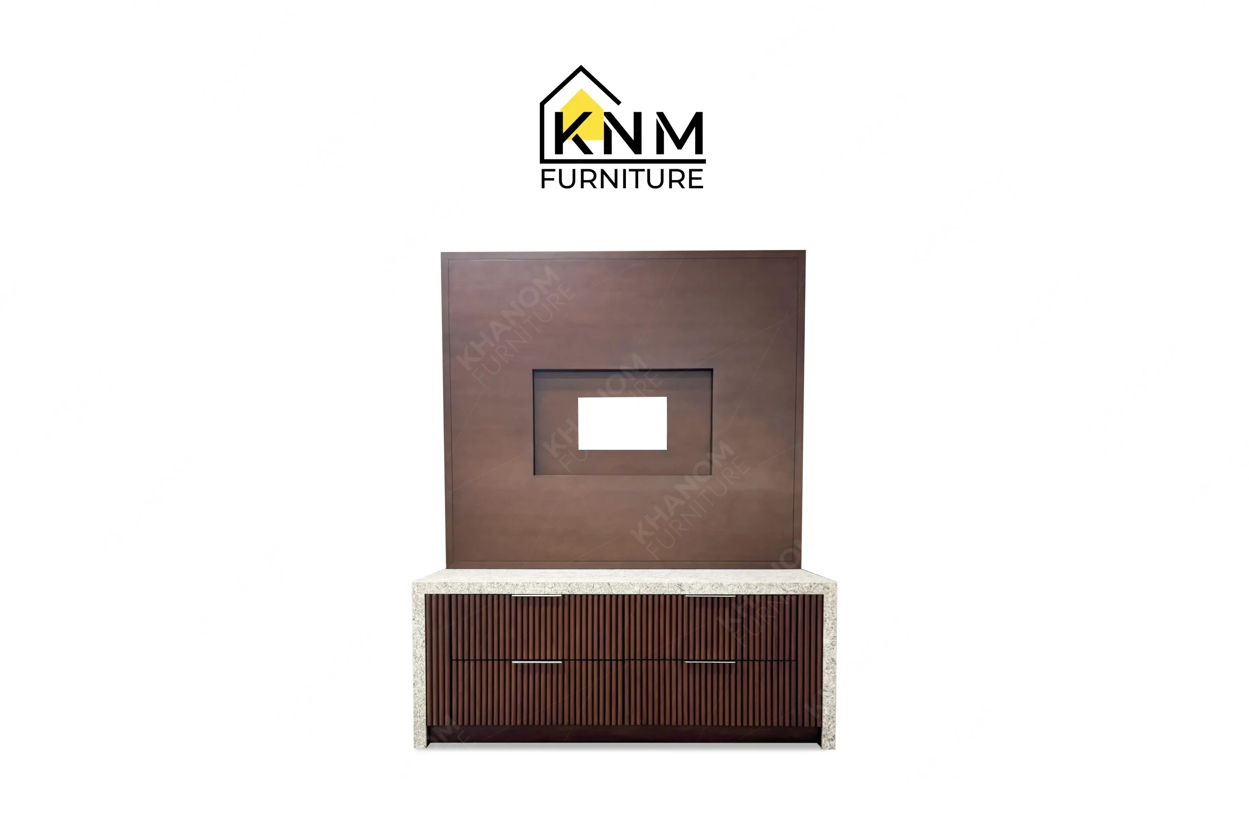 This front view displays the quartz top tambour media dresser manufactured by Khanom Furniture, highlighting the ribbed wood facade and stone surface.