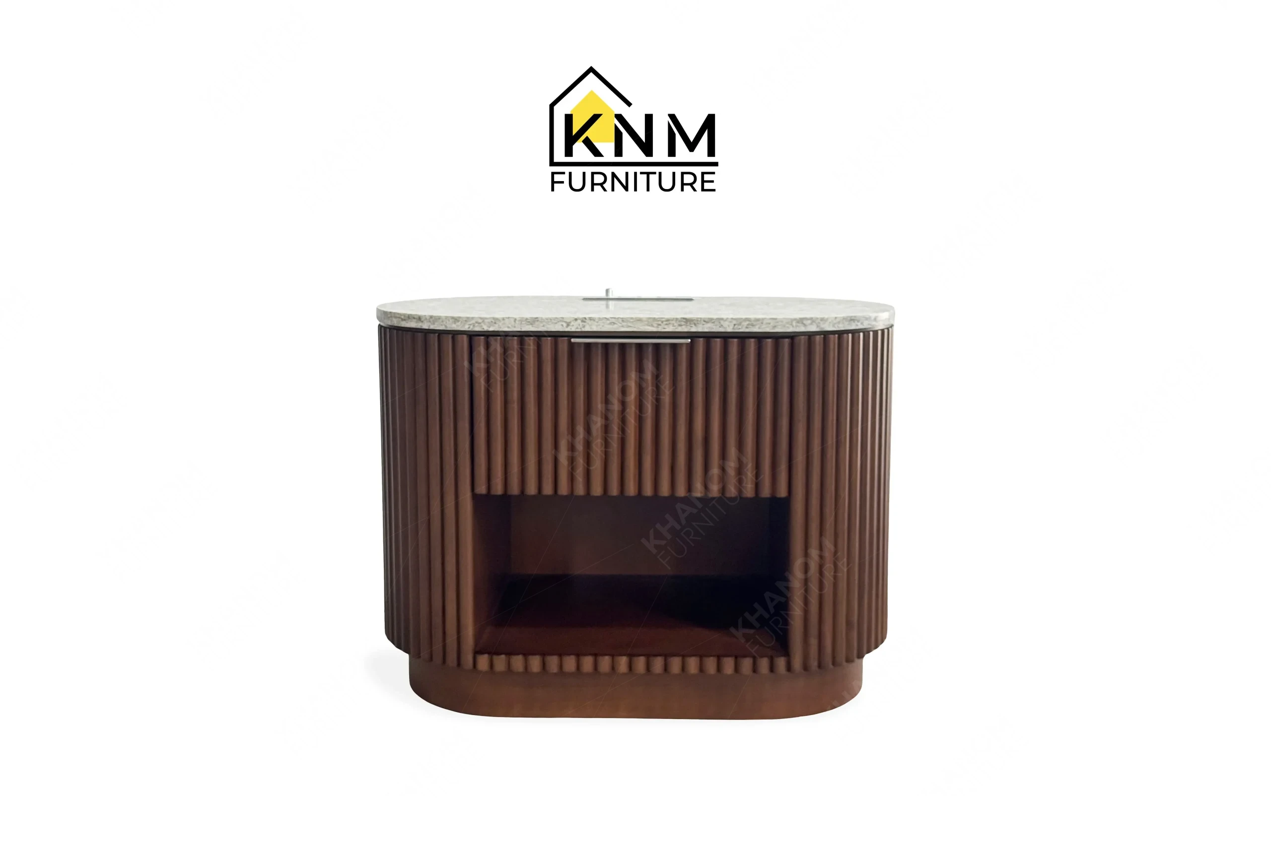 This front view displays the quartz top tambour queen nightstand manufactured by Khanom Furniture, highlighting the curved ribbed wood and open drawer.