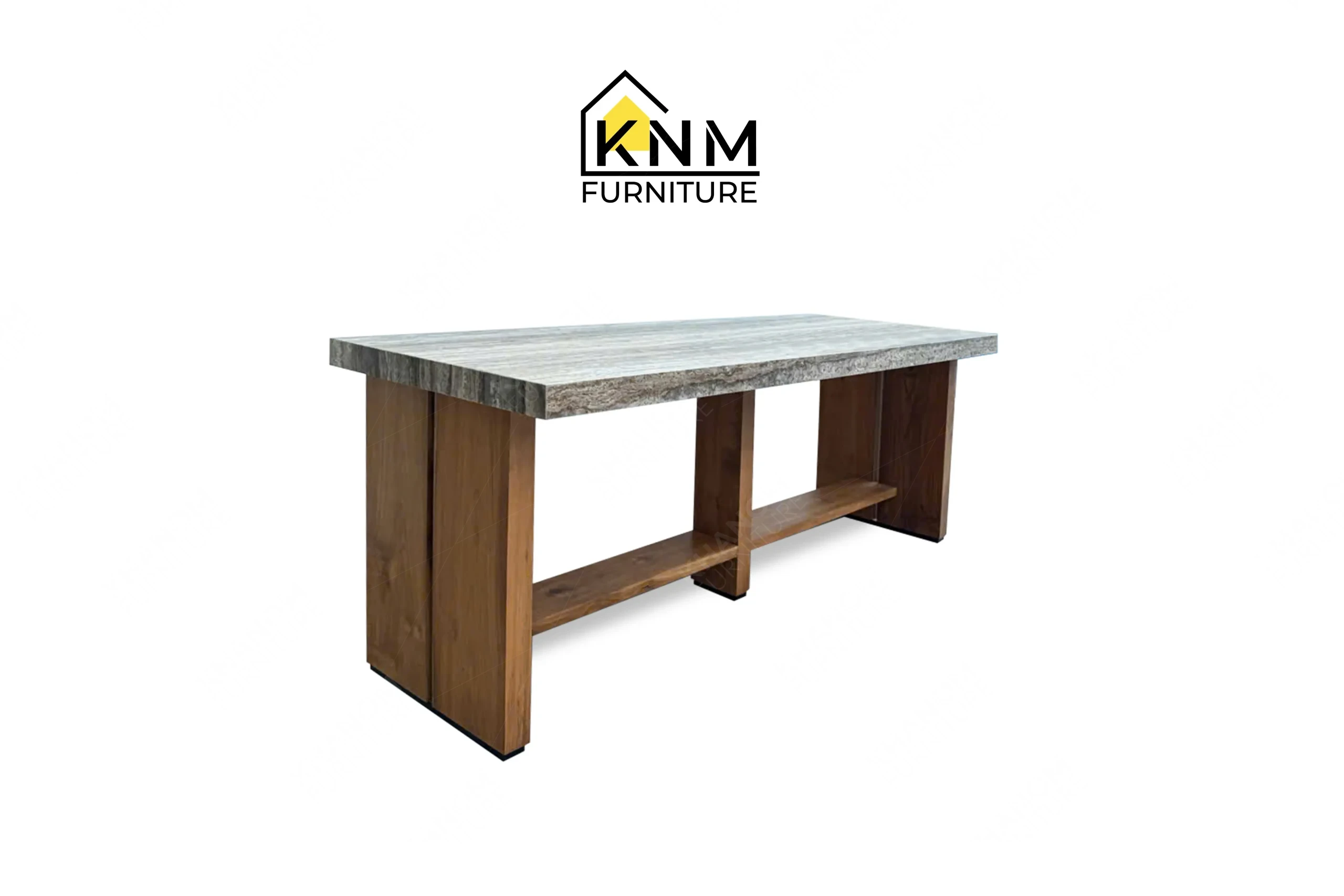 This front view displays the stone top solid wood communal table manufactured by Khanom Furniture, highlighting the 96-inch stone span and wood base.