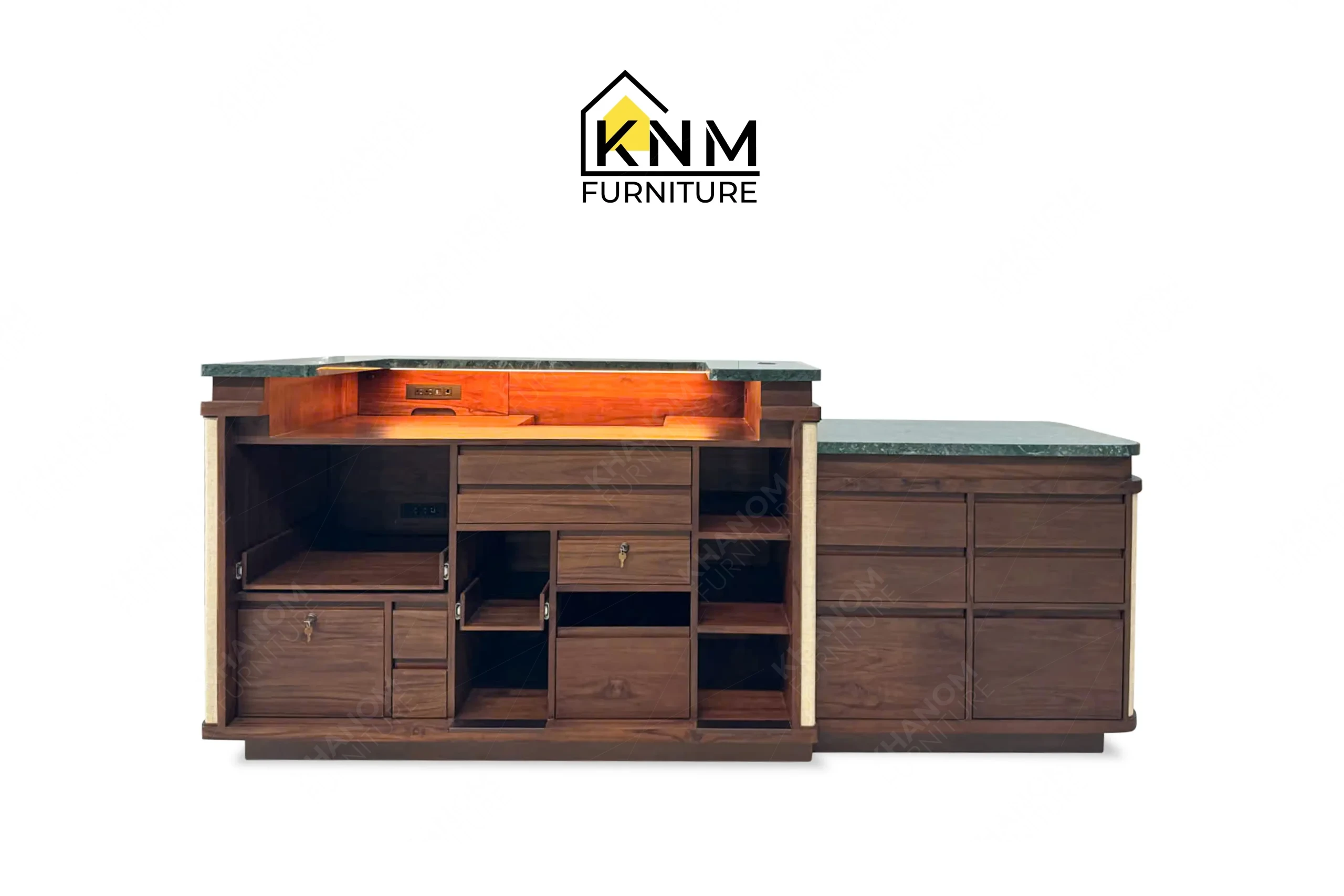 This front view displays the stone top solid wood reception desk manufactured by Khanom Furniture, highlighting the dual-height casework and green stone counters.