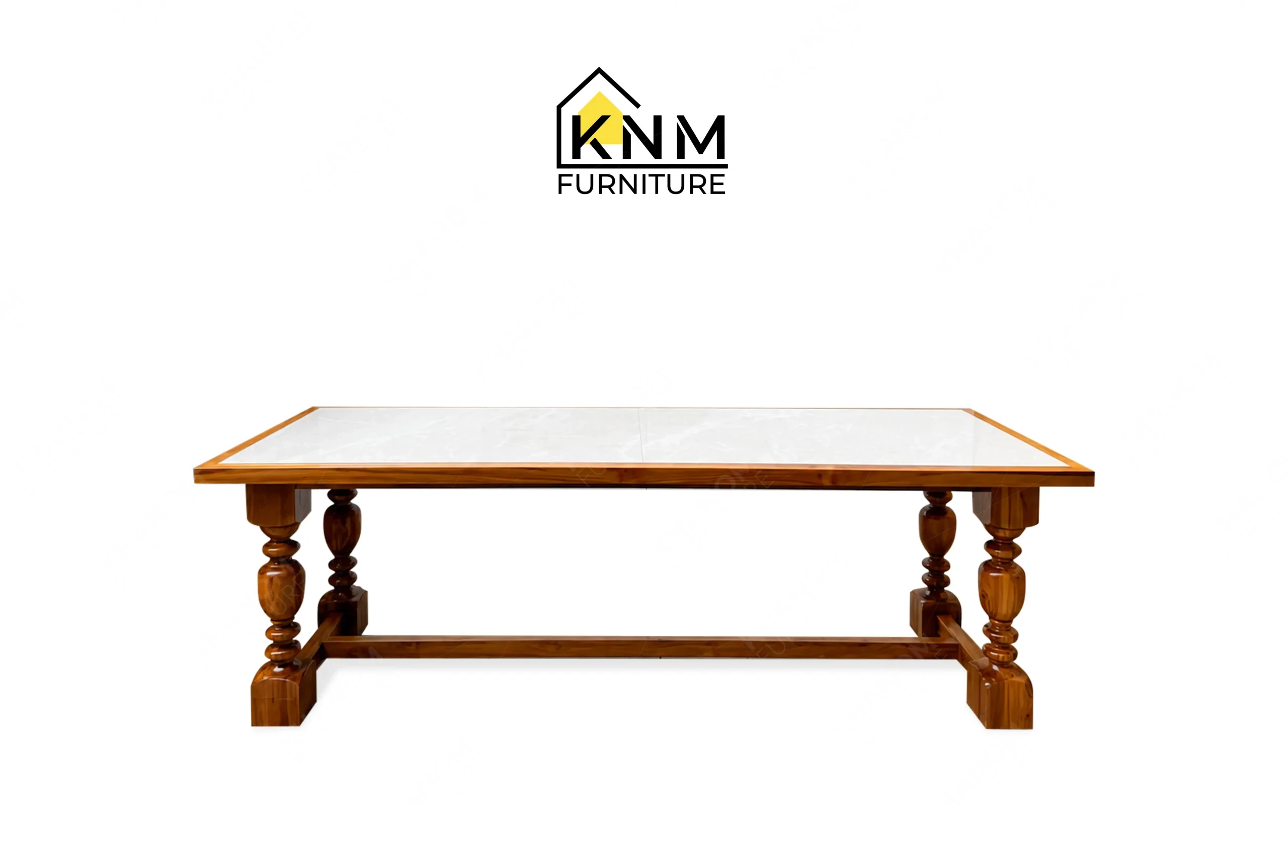 This front view displays the stone top teak communal table manufactured by Khanom Furniture, highlighting the turned legs and flush stone surface.