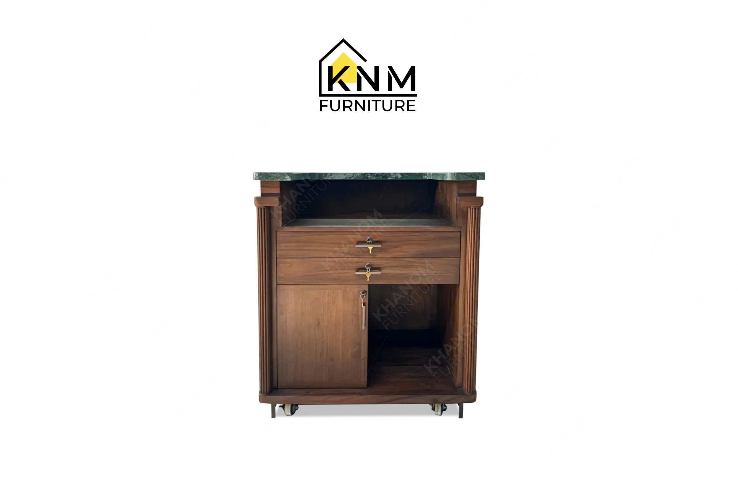 This front closed view displays the stone top teak valet bell desk manufactured by Khanom Furniture, highlighting the solid teak facade and green stone surface.
