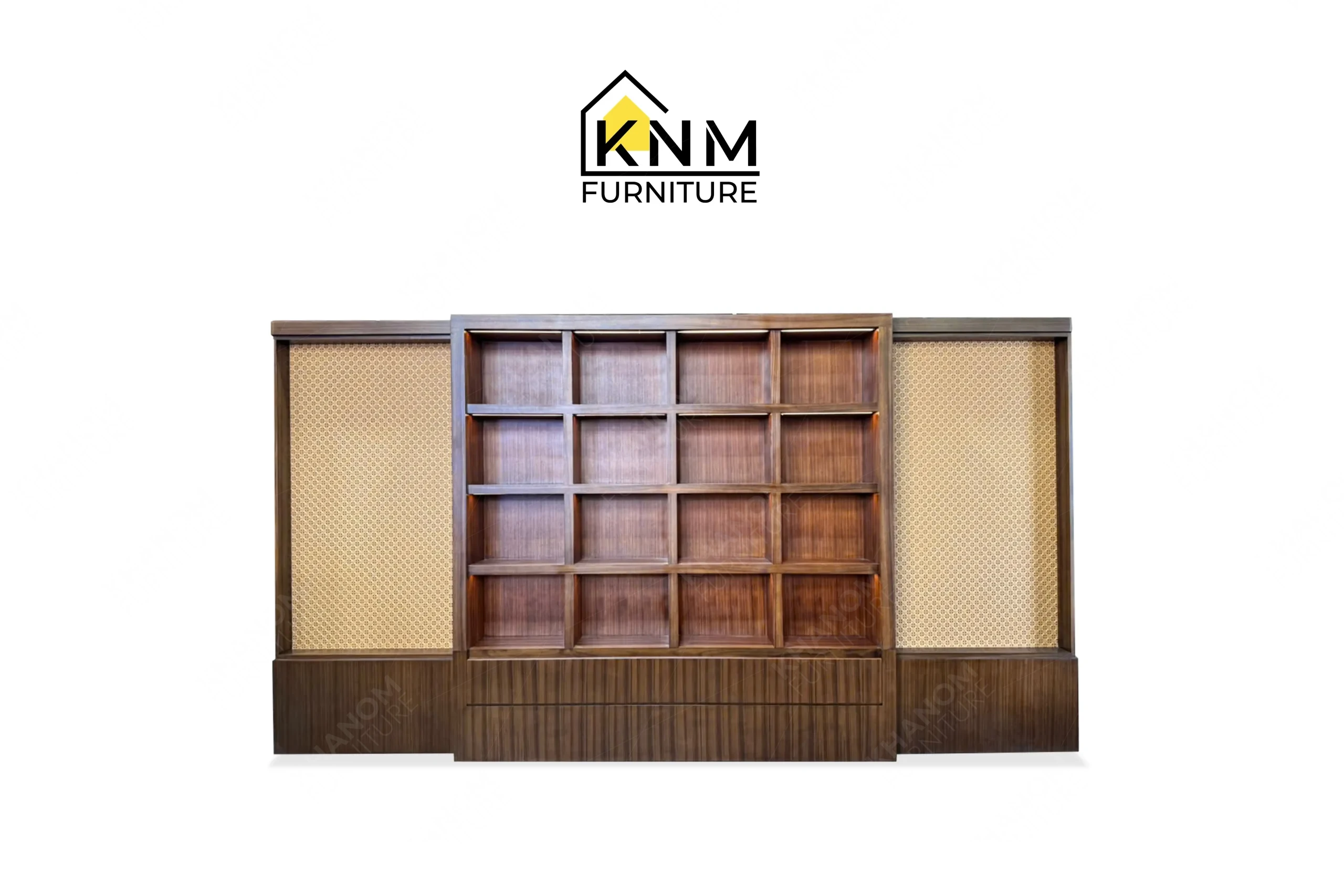This front view displays the teak veneer rattan display cabinet manufactured by Khanom Furniture, highlighting the 180-inch span and integrated LED lighting.
