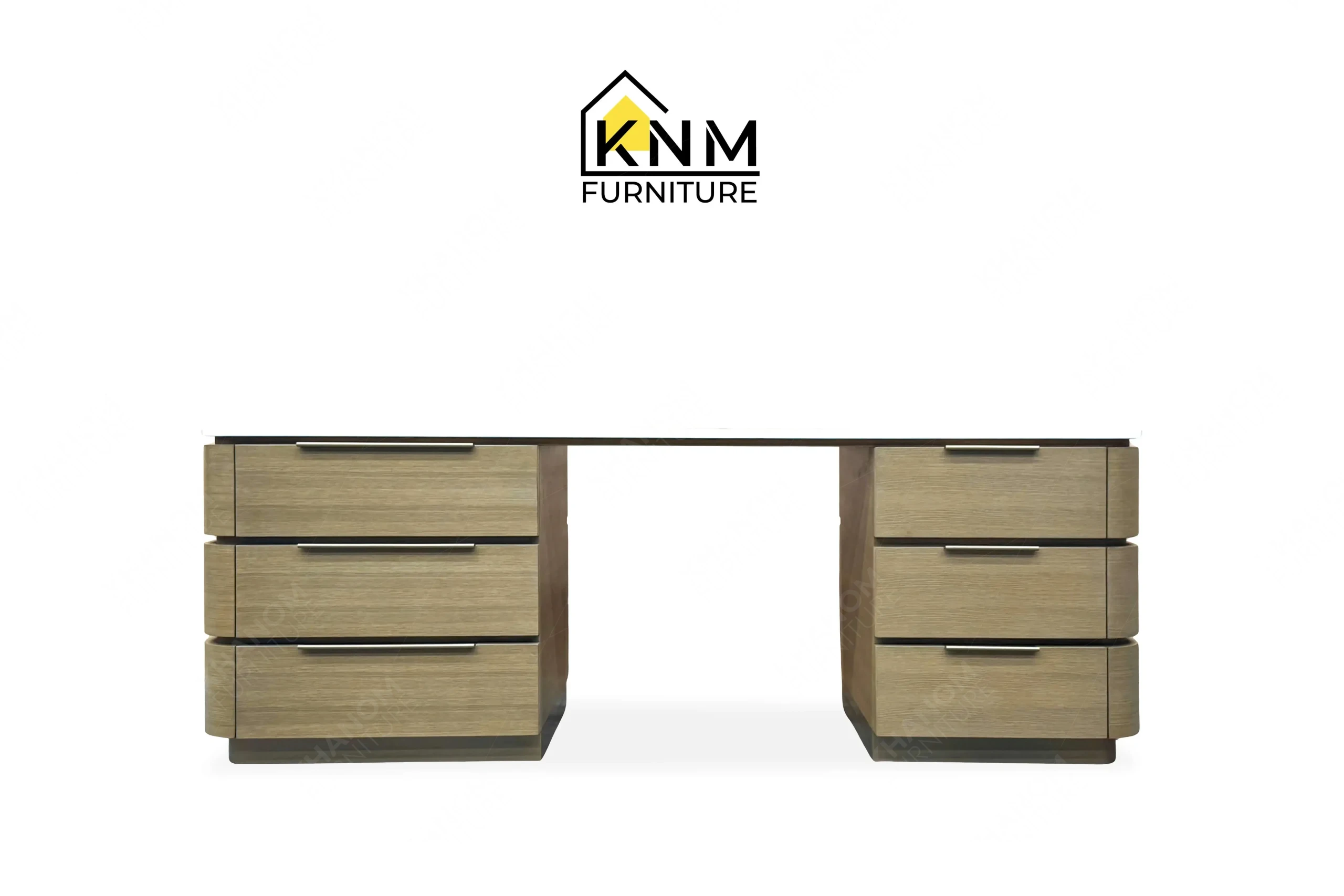 This front view displays the Vicostone top white oak console desk manufactured by Khanom Furniture, highlighting the linear veneer grain and metal hardware.