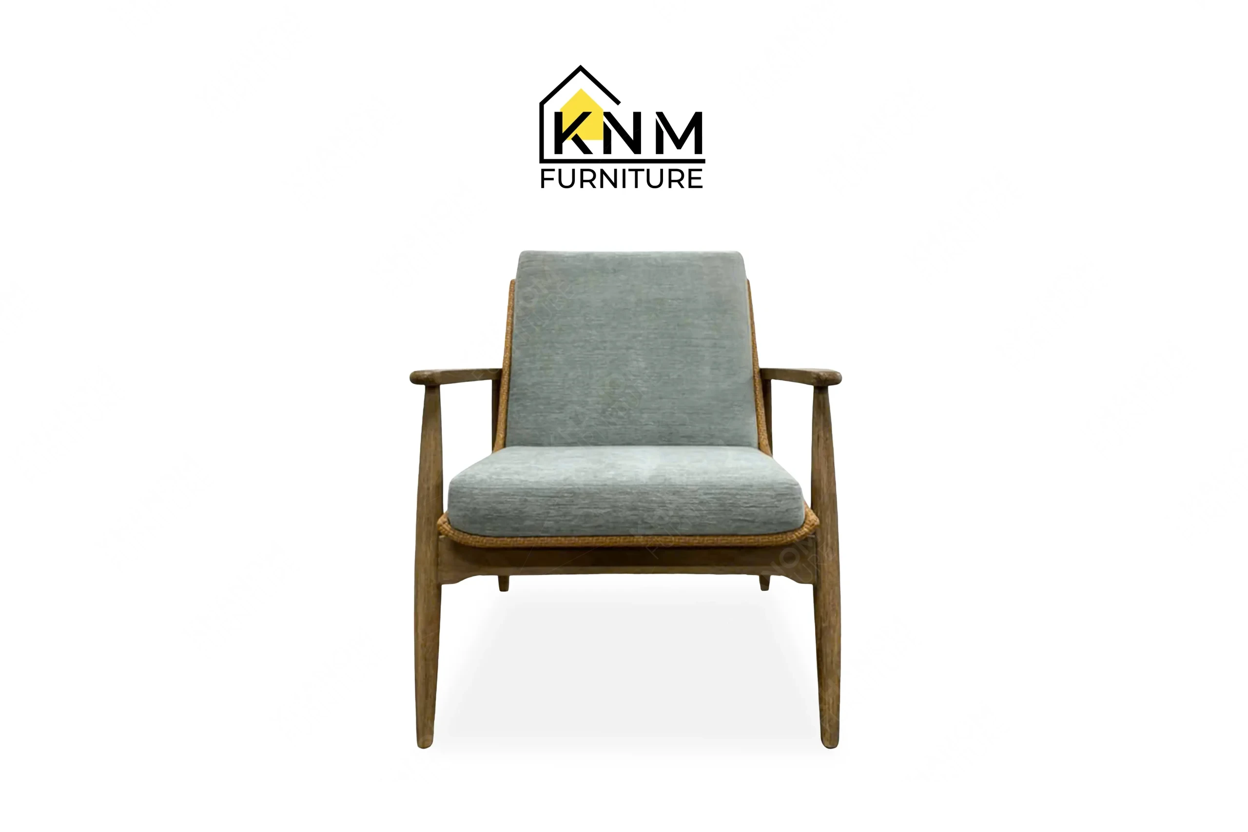 This front view displays the white oak synthetic caning lounge chair manufactured by Khanom Furniture, highlighting the open grain wood and tailored upholstery.