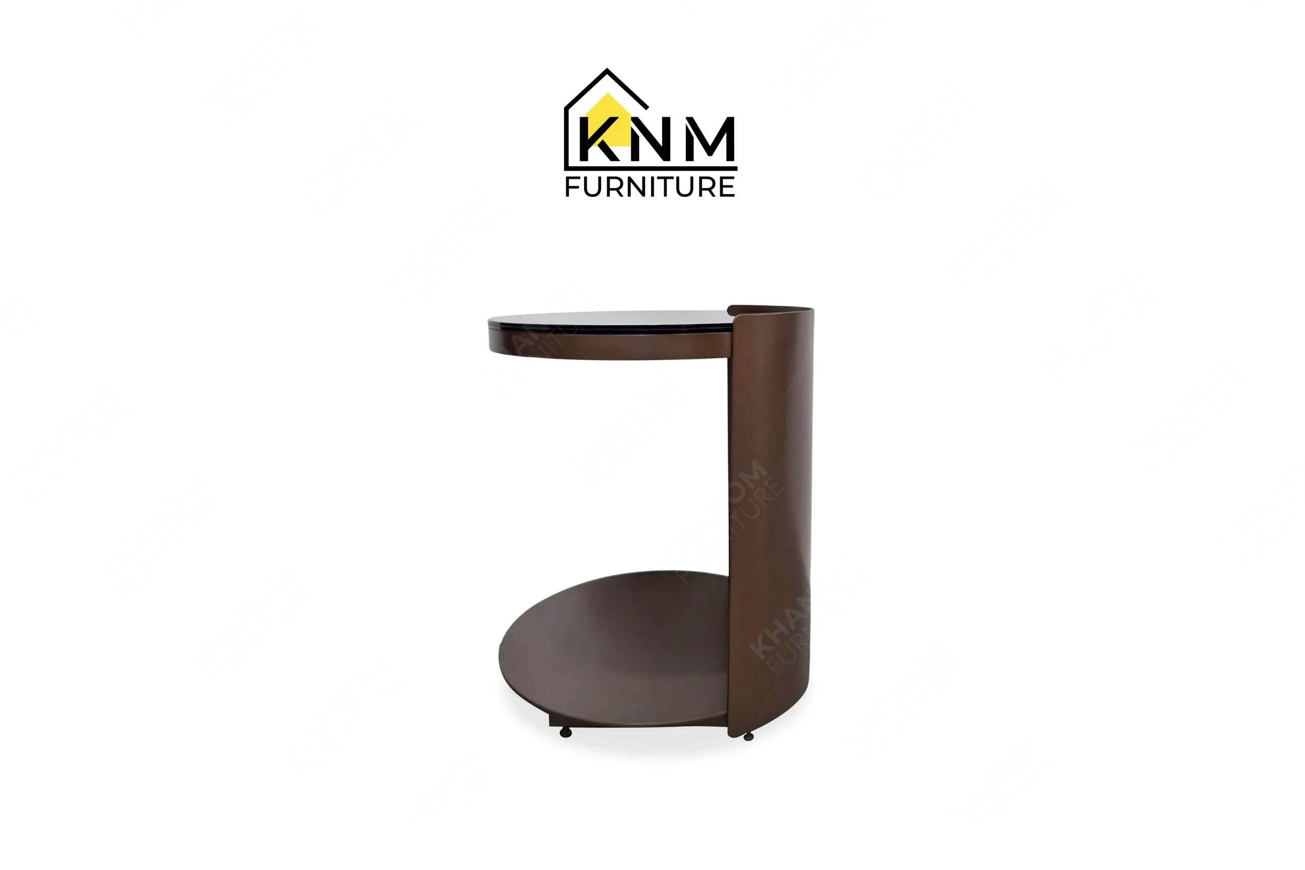A perspective view illustrating the cantilevered frame and glass inset of the bronze Granex glass C-table produced by Khanom Furniture.