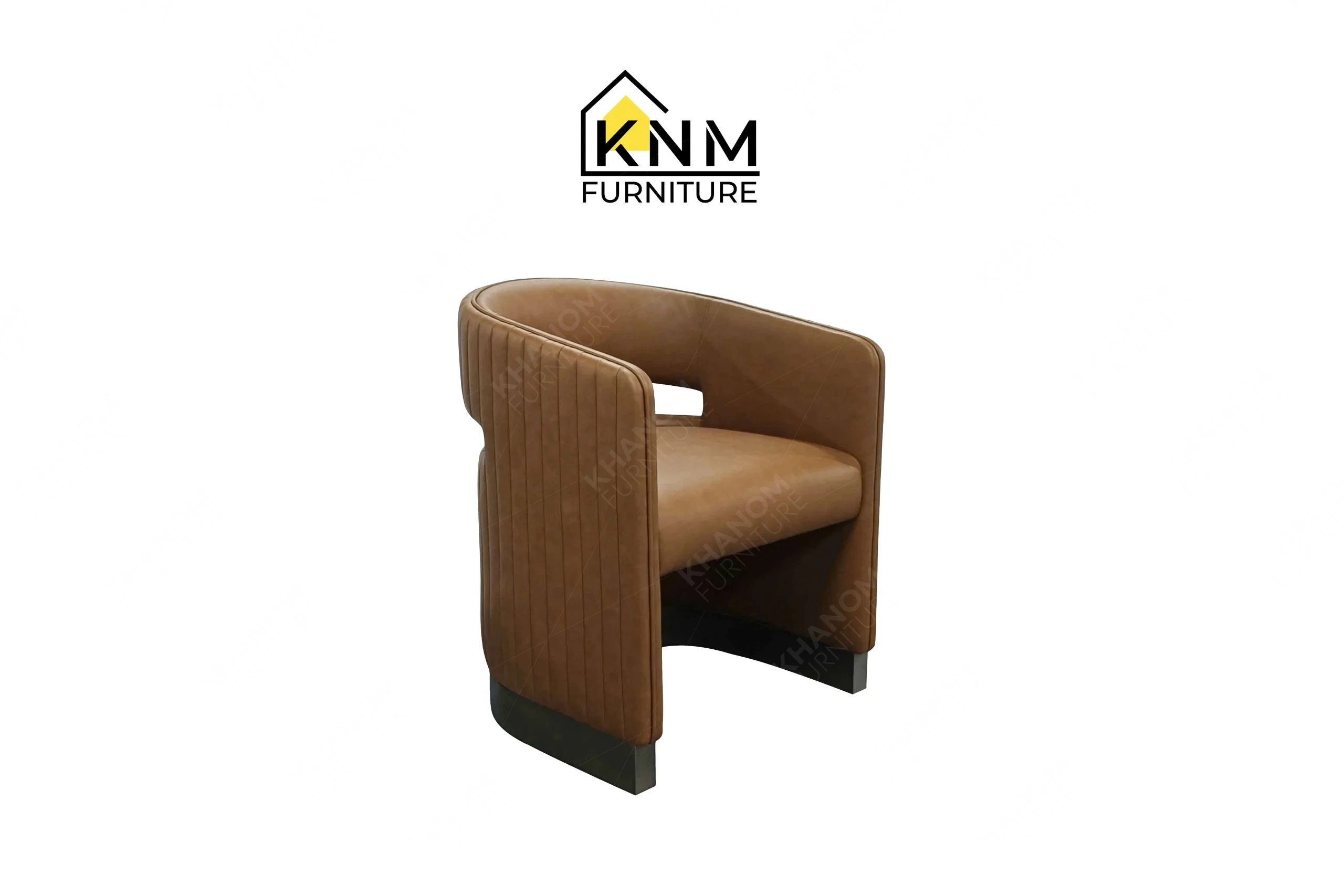 A perspective view illustrating the barrel frame and metal base integration of the Dark Storm plated dining chair produced by Khanom Furniture.