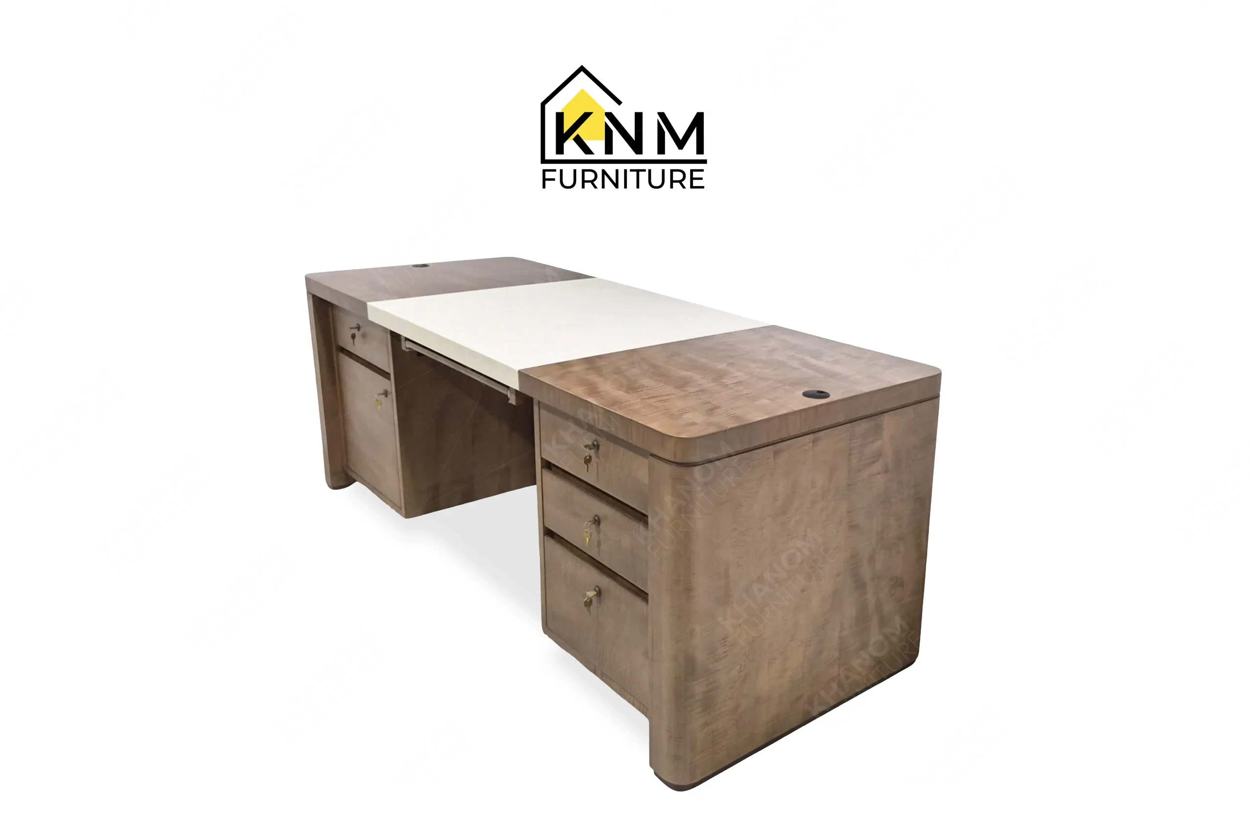 A right perspective view illustrating the dual pedestals and central inlay of the figured walnut lobby concierge desk produced by Khanom Furniture.