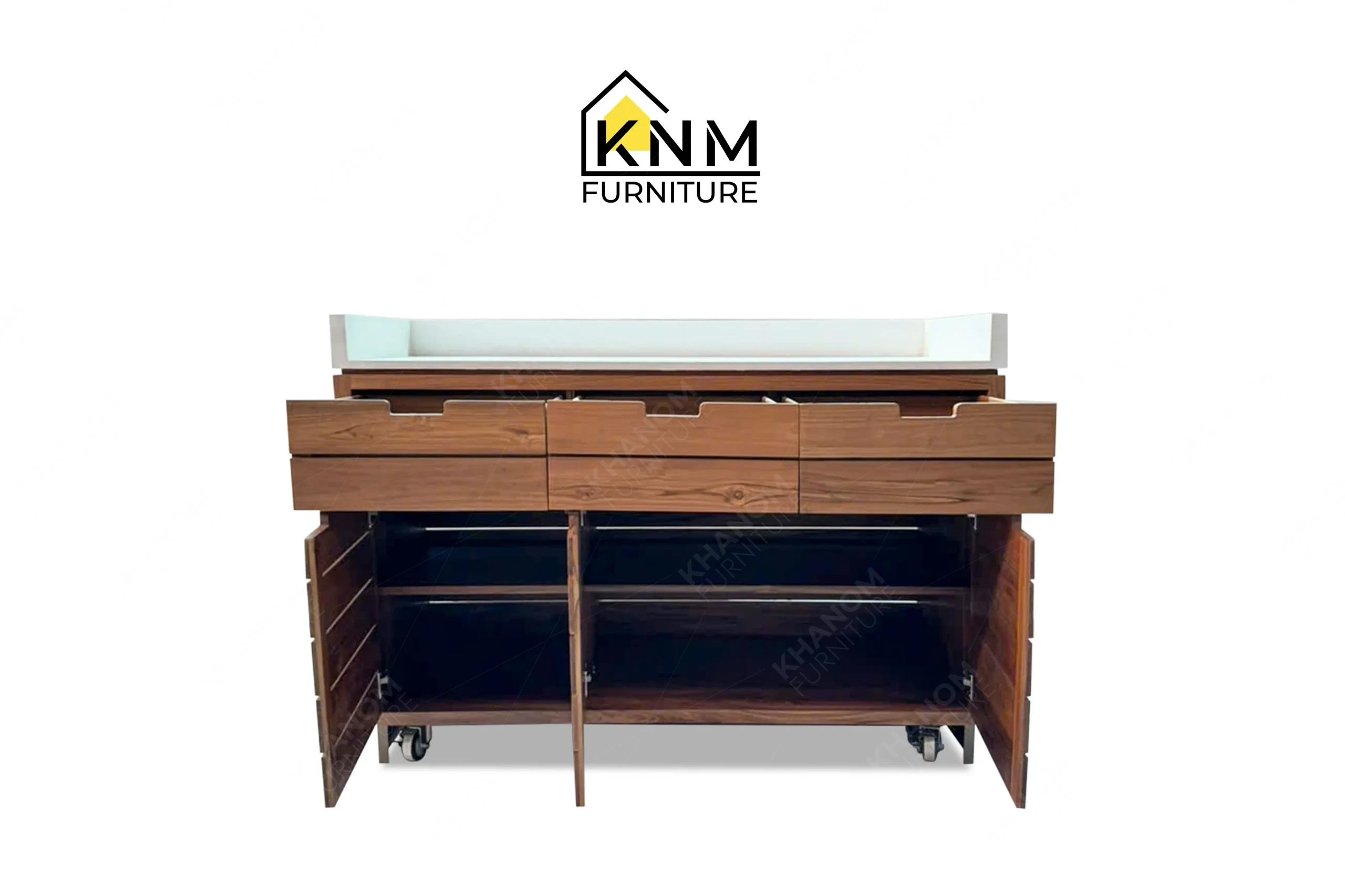 The front open view of the mobile stone top service station by Khanom Furniture reveals the internal adjustable shelves and extended drawers.